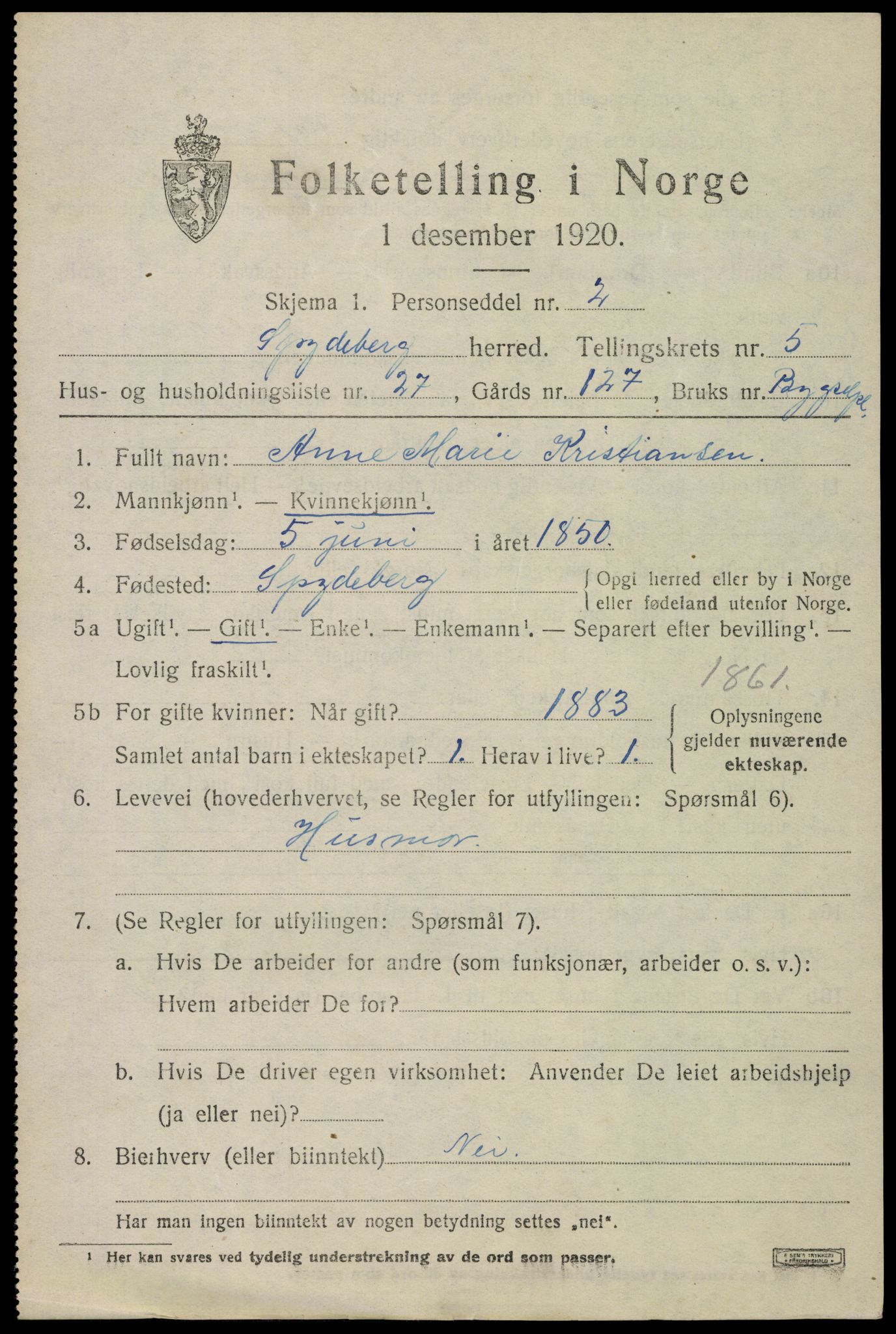 SAO, 1920 census for Spydeberg, 1920, p. 6465