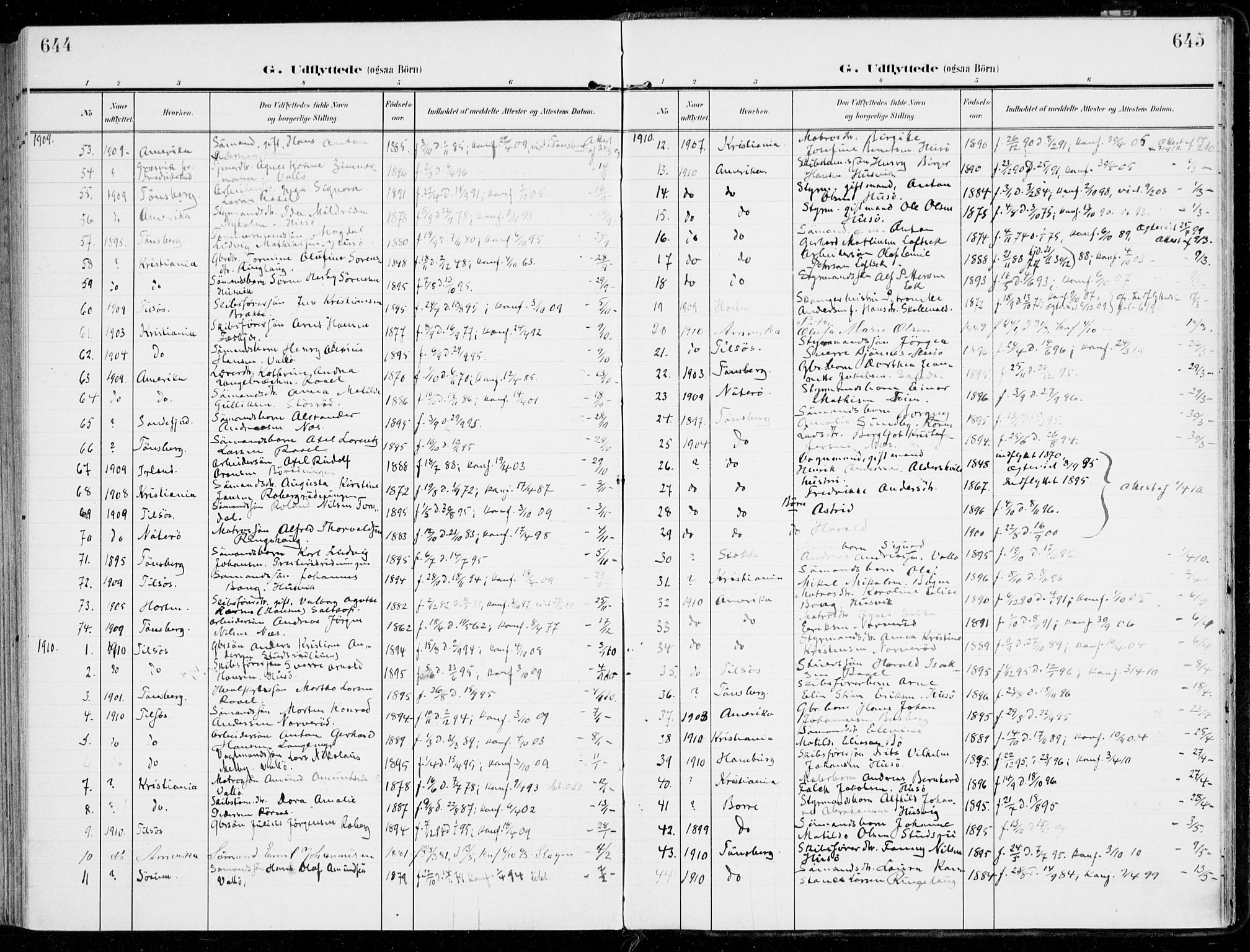 Sem kirkebøker, SAKO/A-5/F/Fb/L0006: Parish register (official) no. II 6, 1905-1918, p. 644-645