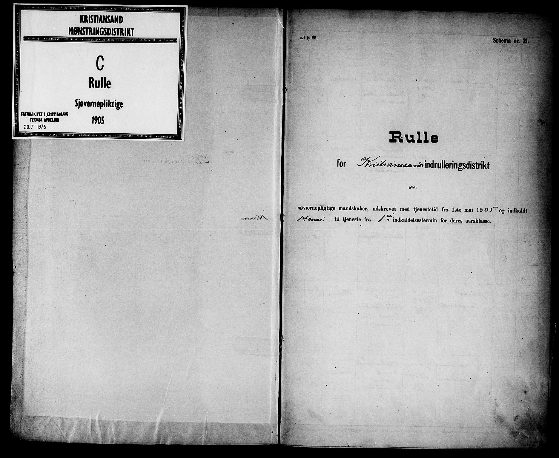 Kristiansand mønstringskrets, SAK/2031-0015/F/Fd/L0007: Rulle sjøvernepliktige, C-7, 1905, p. 1