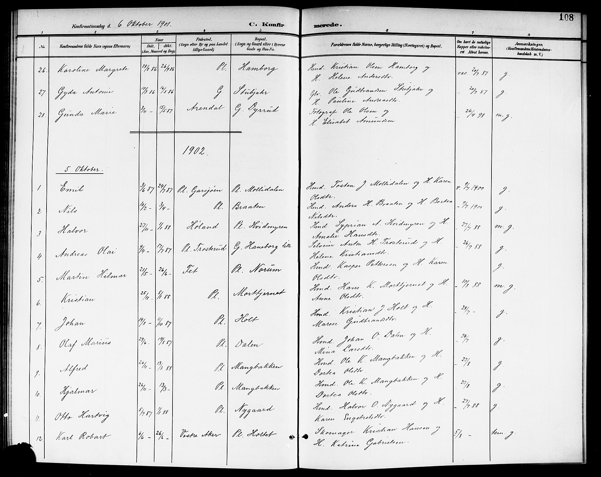 Aurskog prestekontor Kirkebøker, SAO/A-10304a/G/Ga/L0004: Parish register (copy) no. I 4, 1901-1921, p. 108