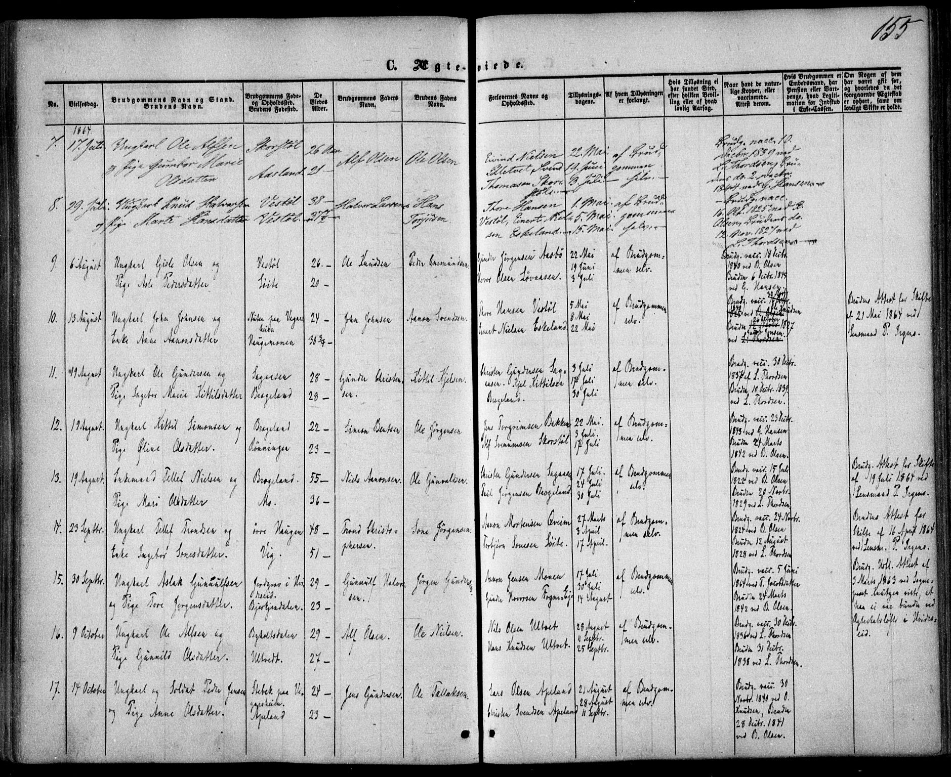 Gjerstad sokneprestkontor, AV/SAK-1111-0014/F/Fa/Faa/L0007: Parish register (official) no. A 7, 1858-1875, p. 155