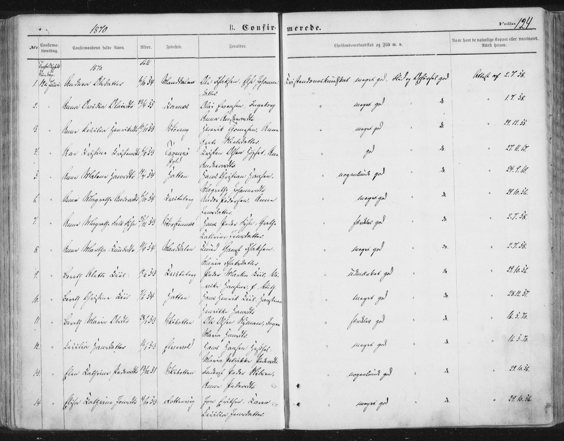 Lyngen sokneprestembete, AV/SATØ-S-1289/H/He/Hea/L0006kirke: Parish register (official) no. 6, 1870-1878, p. 124