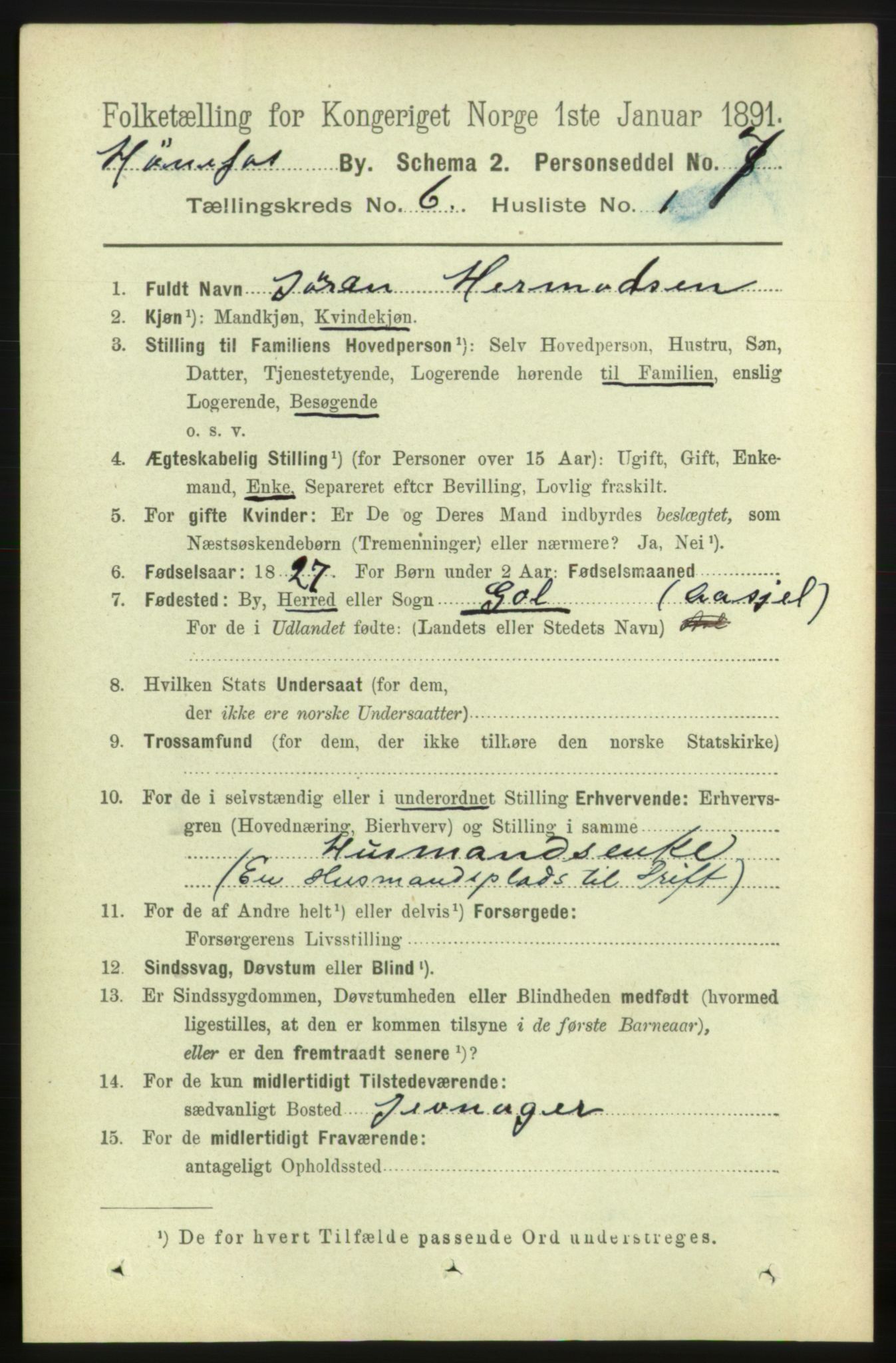 RA, 1891 census for 0601 Hønefoss, 1891, p. 1018