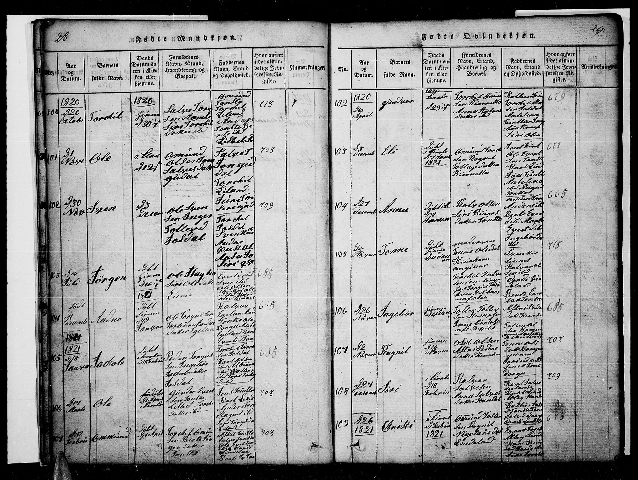 Sirdal sokneprestkontor, AV/SAK-1111-0036/F/Fb/Fbb/L0001: Parish register (copy) no. B 1, 1815-1834, p. 28-29