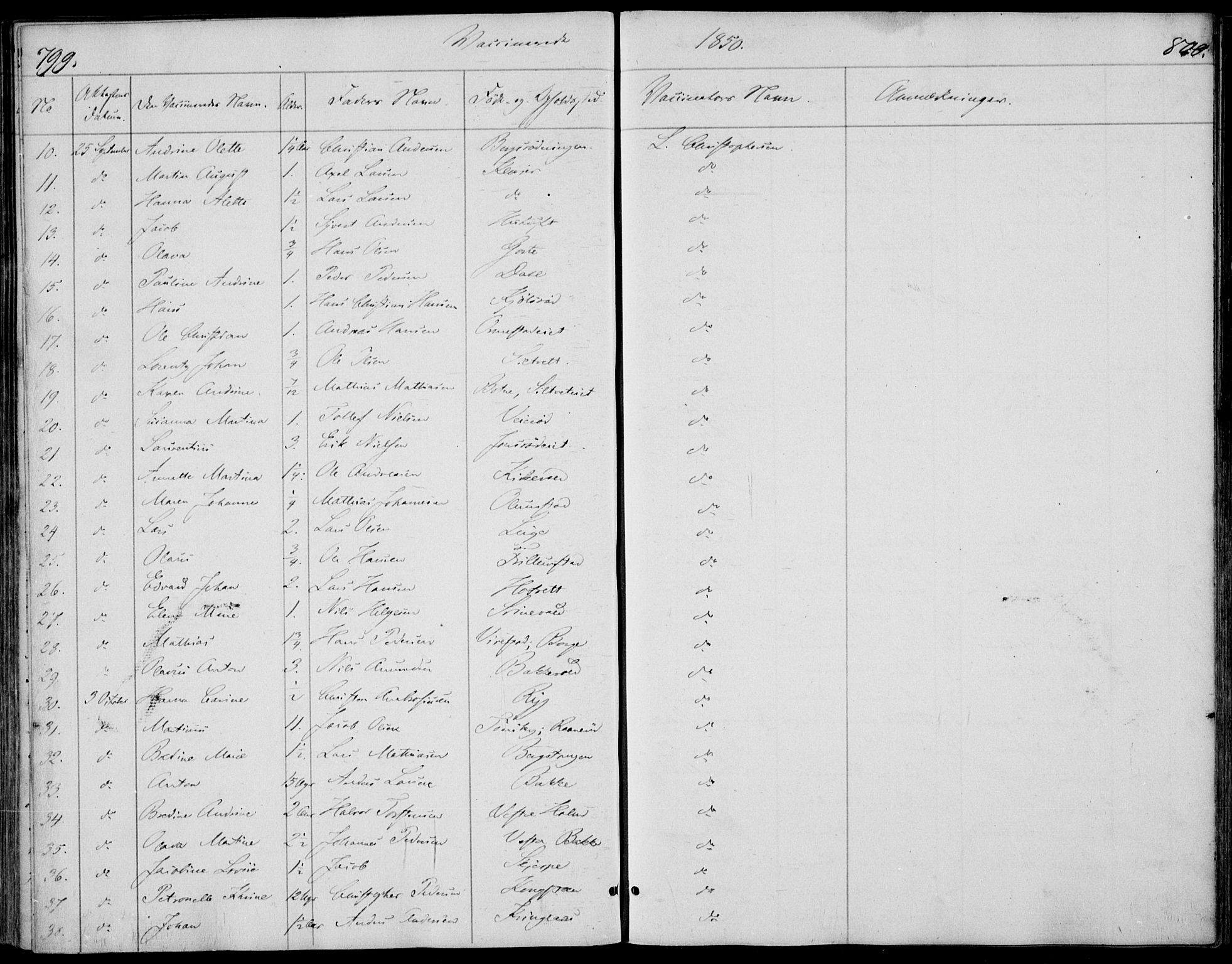 Våle kirkebøker, AV/SAKO-A-334/F/Fa/L0009b: Parish register (official) no. I 9B, 1841-1860, p. 799-800