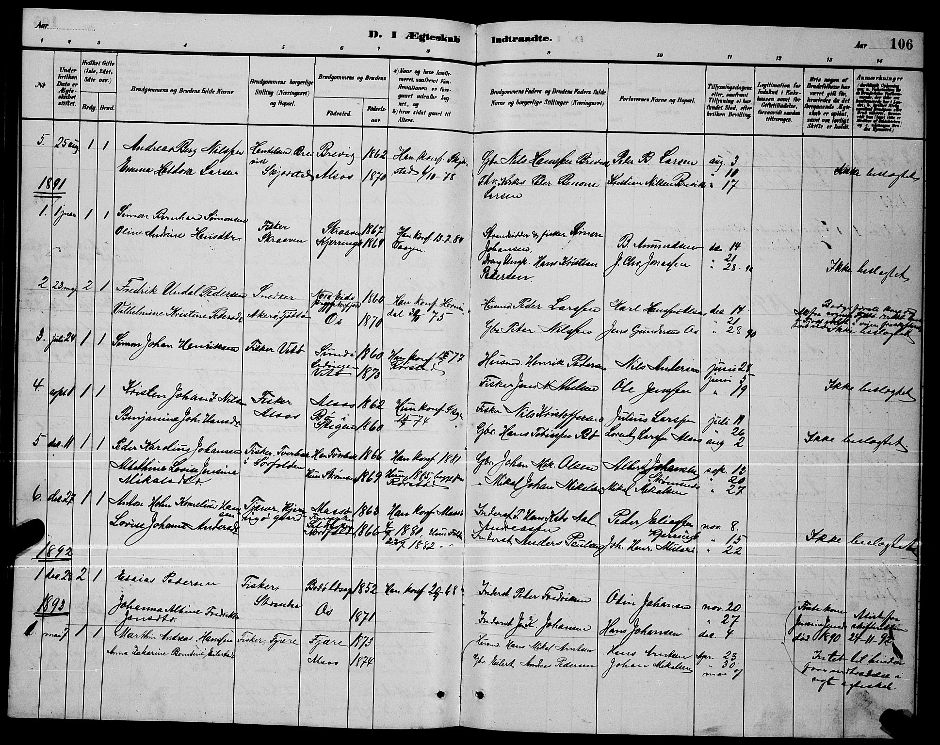 Ministerialprotokoller, klokkerbøker og fødselsregistre - Nordland, SAT/A-1459/803/L0076: Parish register (copy) no. 803C03, 1882-1897, p. 106