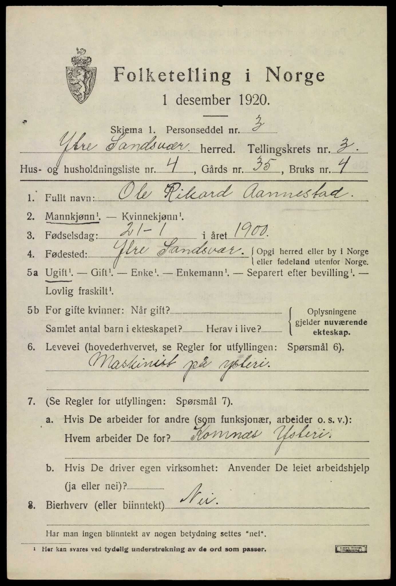 SAKO, 1920 census for Ytre Sandsvær, 1920, p. 3730