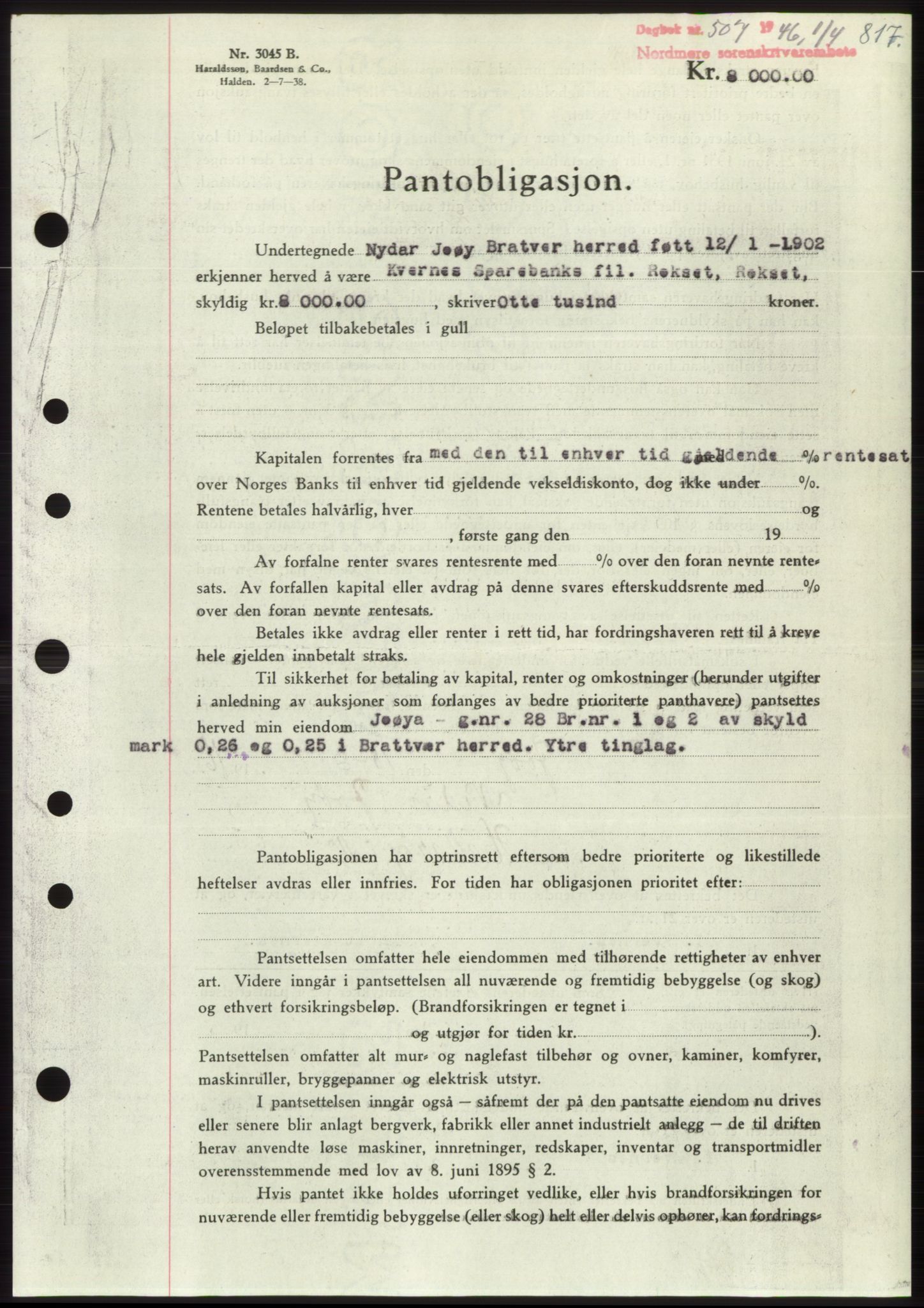 Nordmøre sorenskriveri, AV/SAT-A-4132/1/2/2Ca: Mortgage book no. B93b, 1946-1946, Diary no: : 507/1946