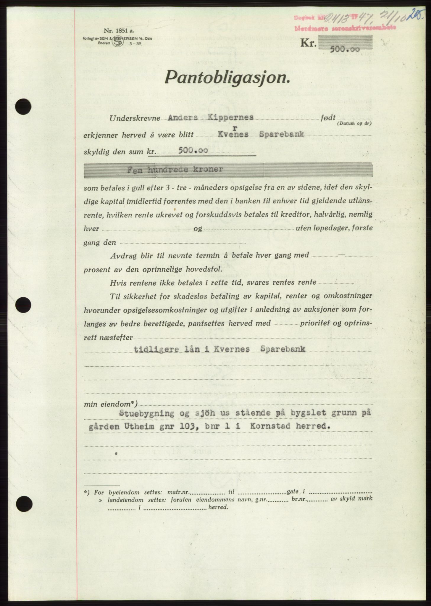 Nordmøre sorenskriveri, AV/SAT-A-4132/1/2/2Ca: Mortgage book no. B97, 1947-1948, Diary no: : 2413/1947