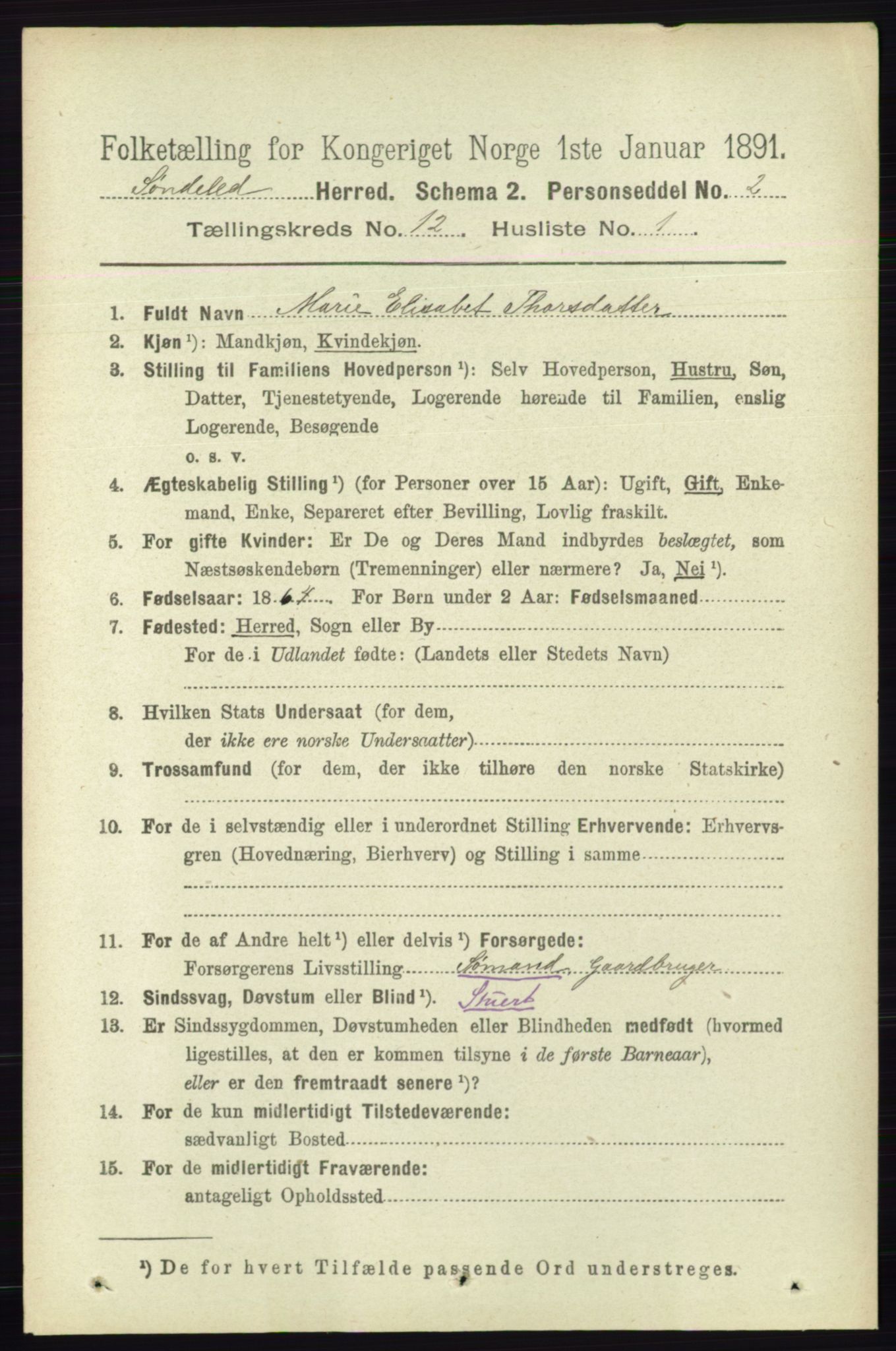 RA, 1891 census for 0913 Søndeled, 1891, p. 3675