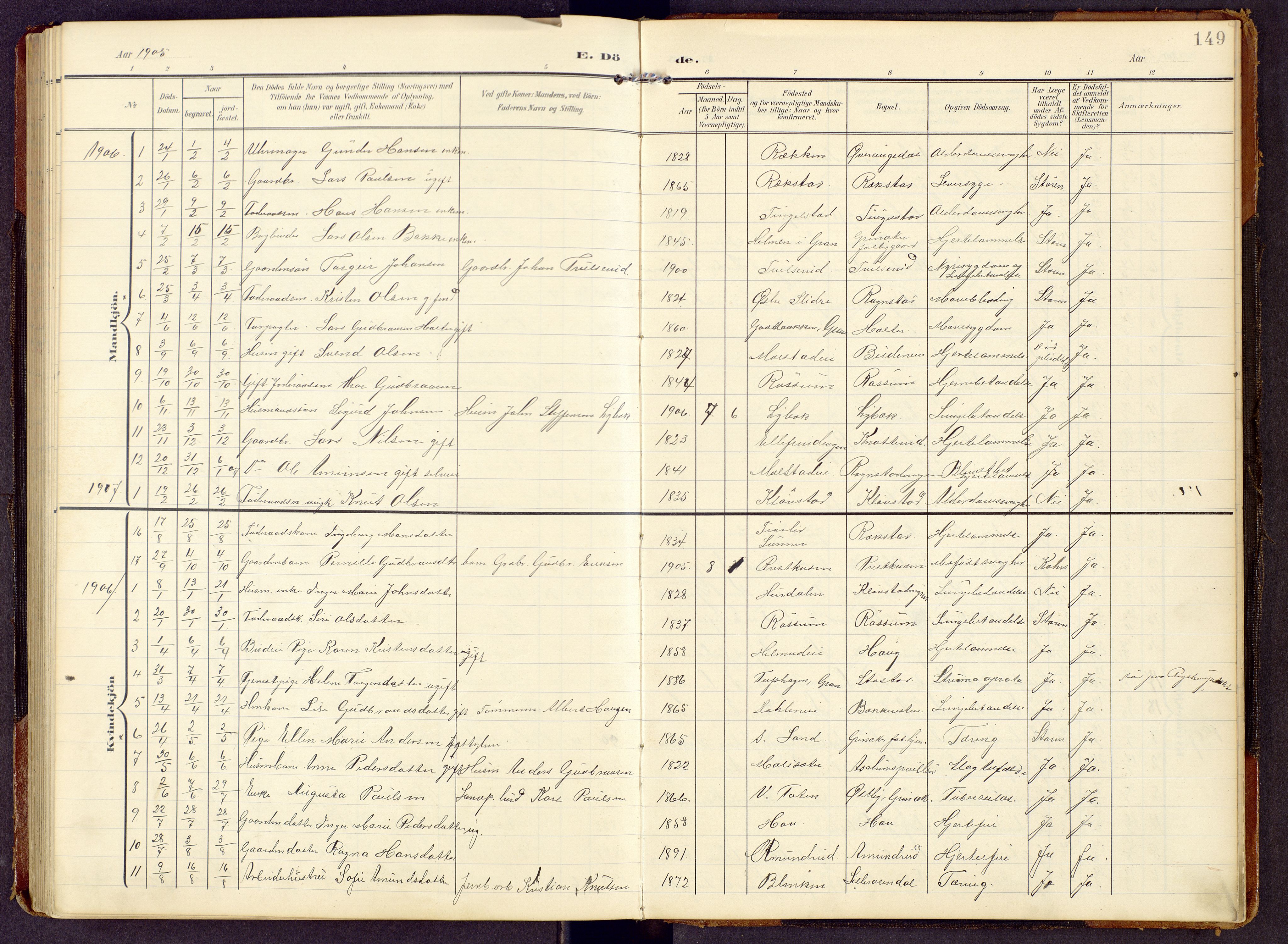 Brandbu prestekontor, SAH/PREST-114/H/Ha/Hab/L0009: Parish register (copy) no. 9, 1903-1916, p. 149