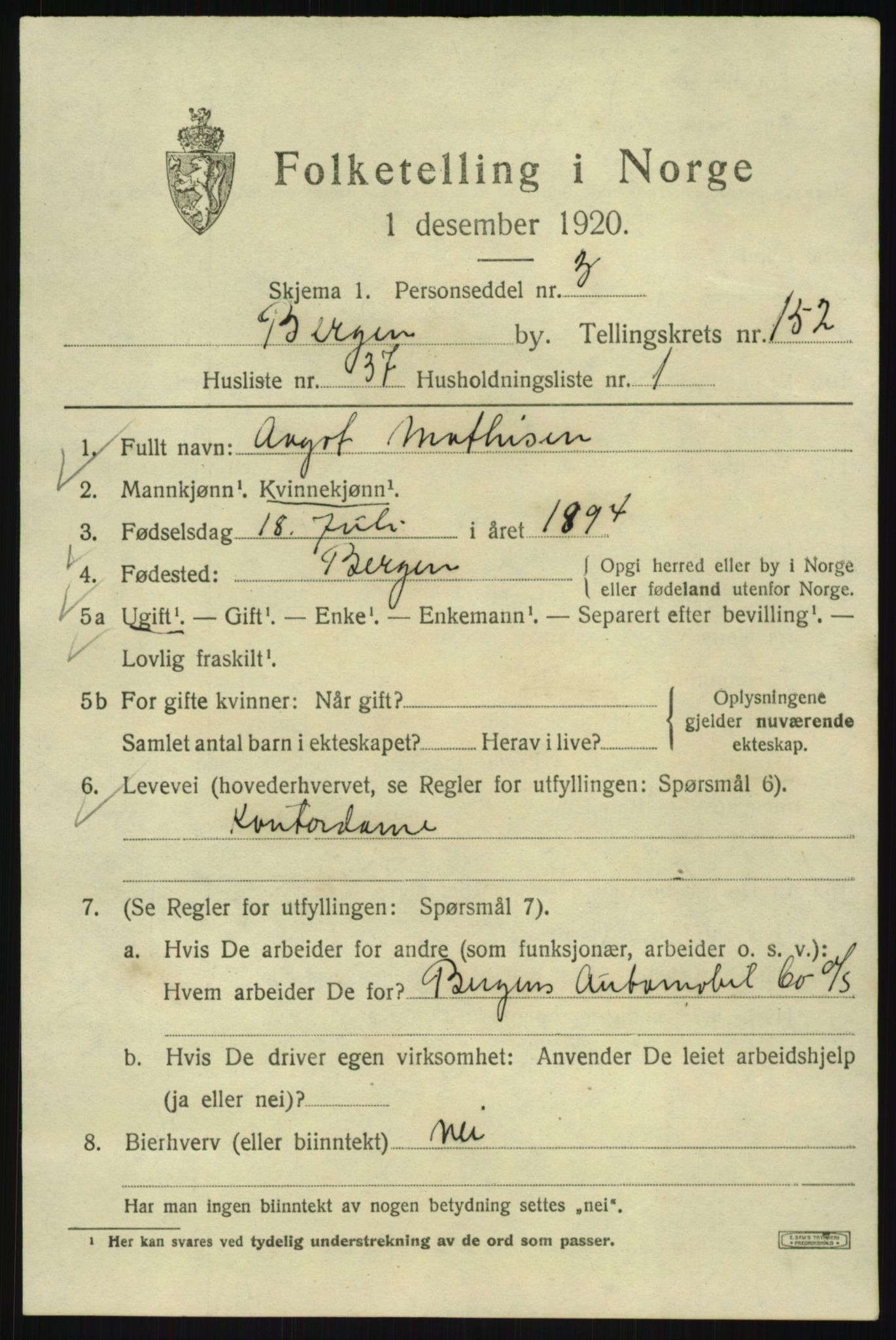 SAB, 1920 census for Bergen, 1920, p. 247399