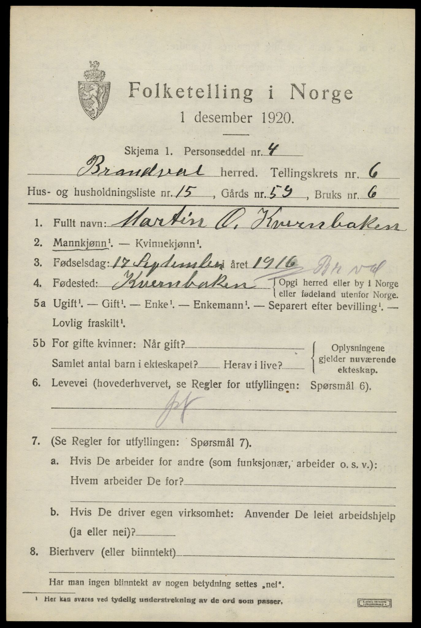 SAH, 1920 census for Brandval, 1920, p. 5430