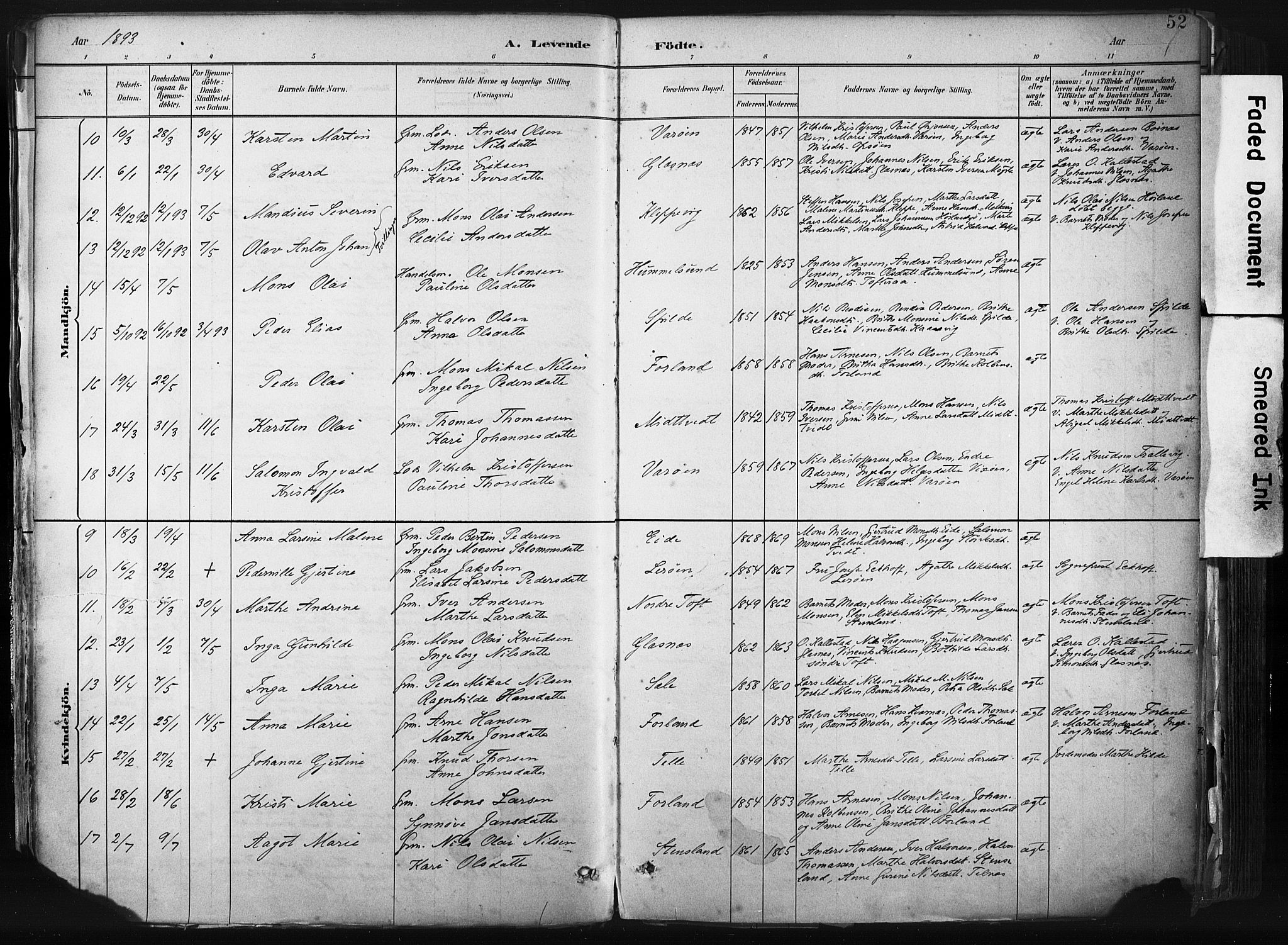 Sund sokneprestembete, AV/SAB-A-99930: Parish register (official) no. B 1, 1882-1907, p. 52