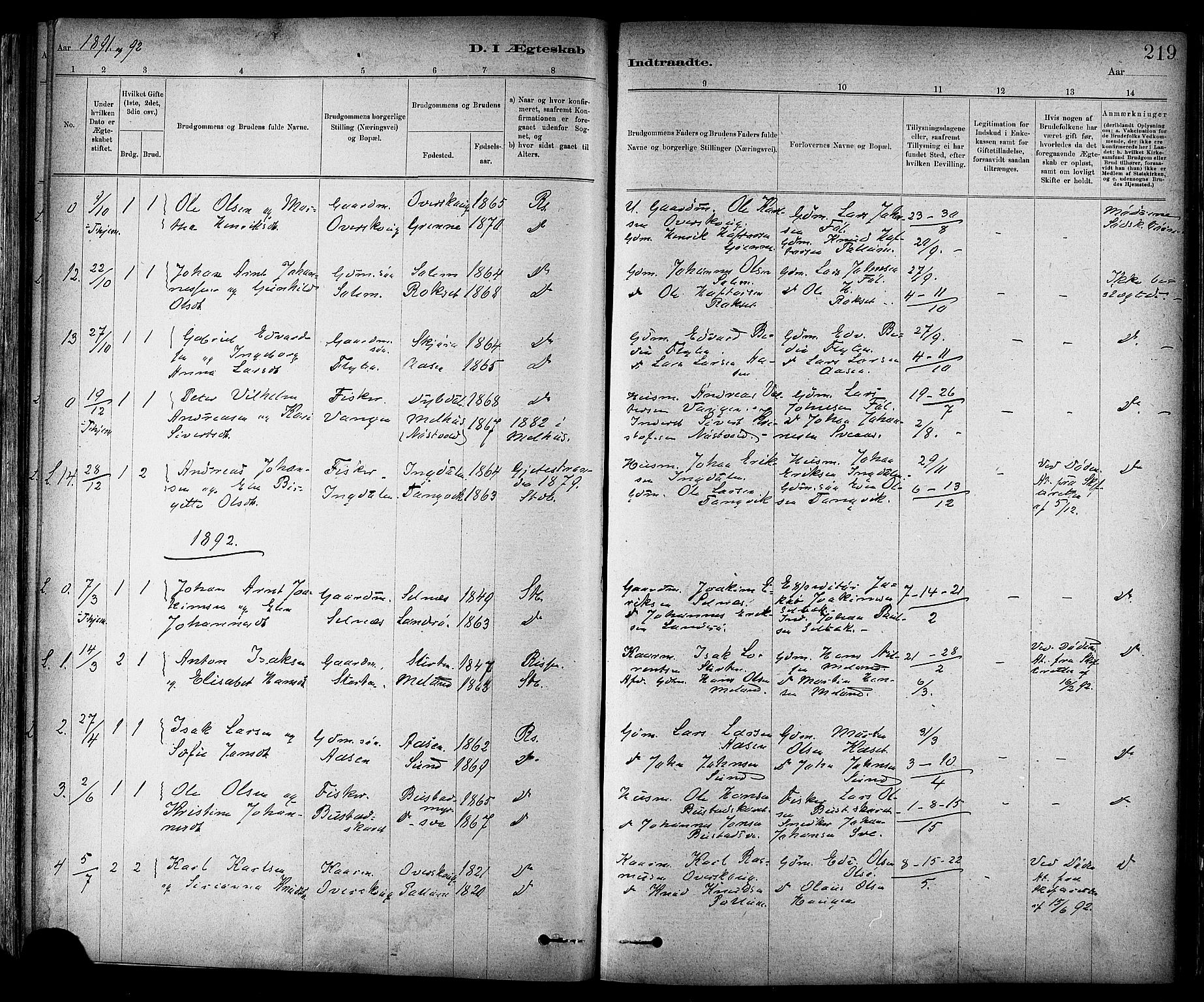 Ministerialprotokoller, klokkerbøker og fødselsregistre - Sør-Trøndelag, AV/SAT-A-1456/647/L0634: Parish register (official) no. 647A01, 1885-1896, p. 219