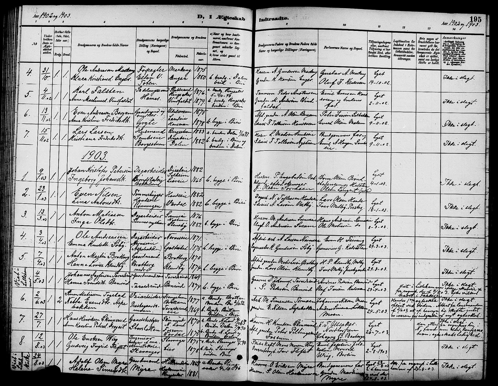 Biri prestekontor, SAH/PREST-096/H/Ha/Hab/L0004: Parish register (copy) no. 4, 1892-1909, p. 195