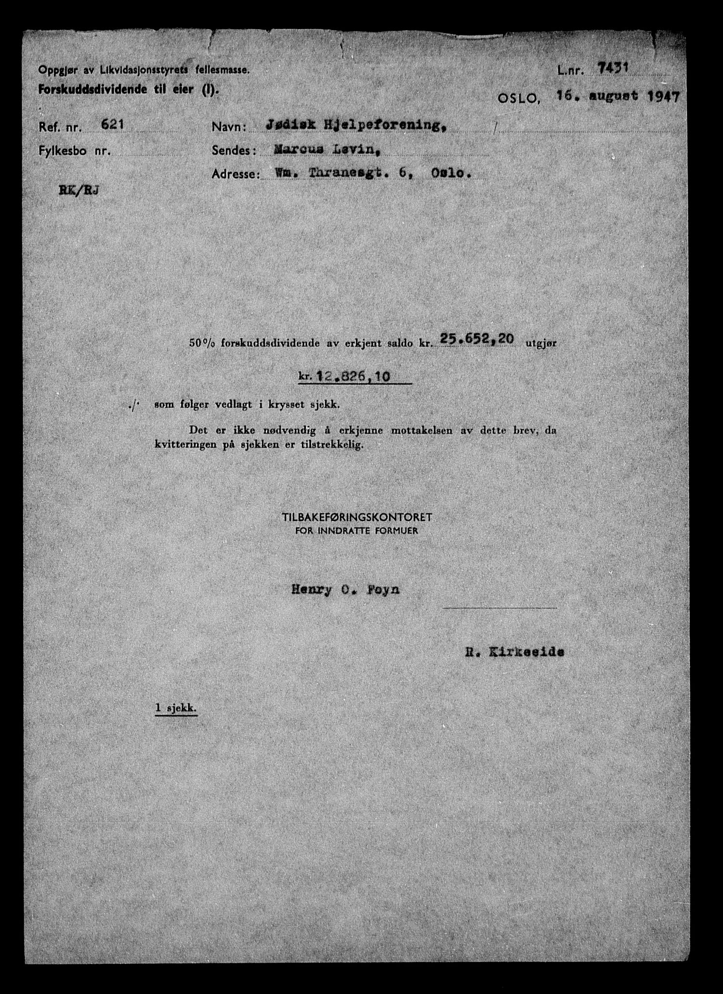 Justisdepartementet, Tilbakeføringskontoret for inndratte formuer, AV/RA-S-1564/H/Hc/Hcc/L0930: --, 1945-1947, p. 86