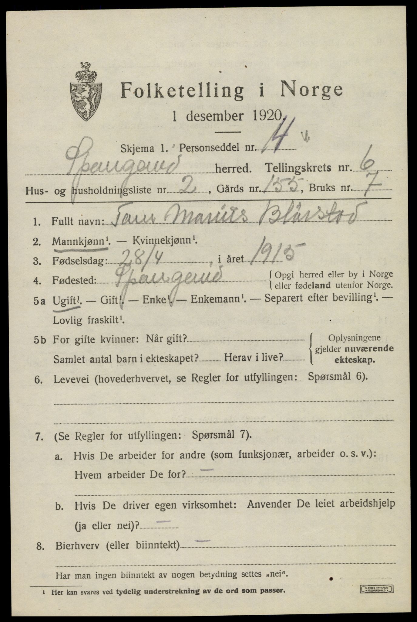 SAK, 1920 census for Spangereid, 1920, p. 2225