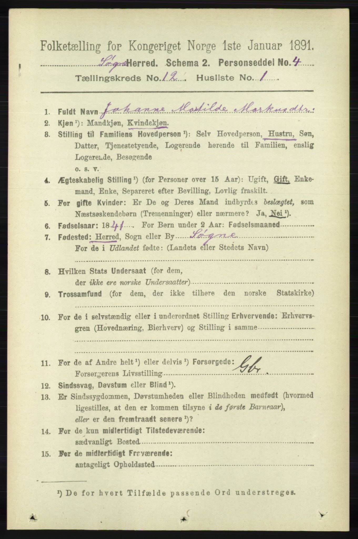 RA, 1891 census for 1018 Søgne, 1891, p. 3124