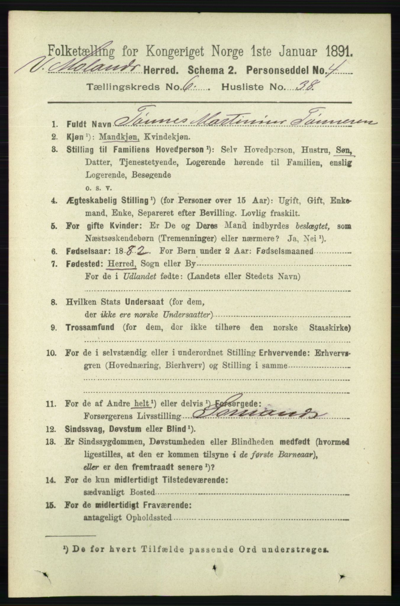 RA, 1891 census for 0926 Vestre Moland, 1891, p. 2540