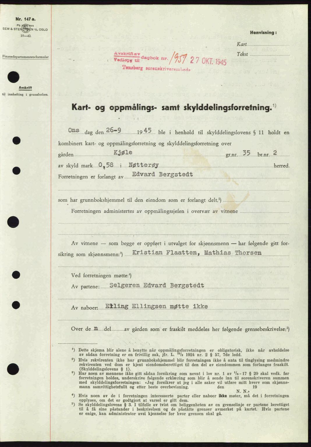 Tønsberg sorenskriveri, AV/SAKO-A-130/G/Ga/Gaa/L0017a: Mortgage book no. A17a, 1945-1945, Diary no: : 1951/1945