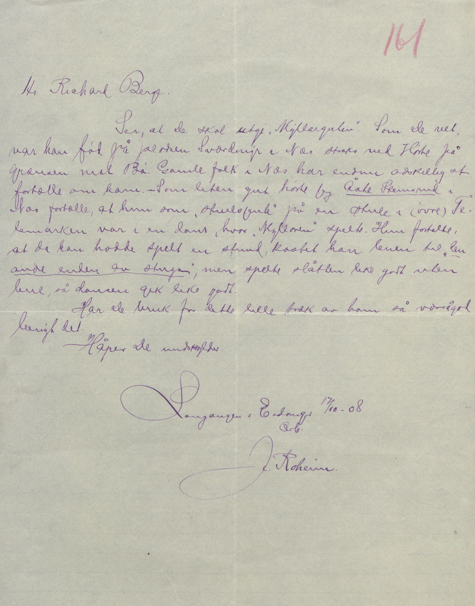 Rikard Berge, TEMU/TGM-A-1003/F/L0004/0053: 101-159 / 157 Manuskript, notatar, brev o.a. Nokre leiker, manuskript, 1906-1908, p. 161