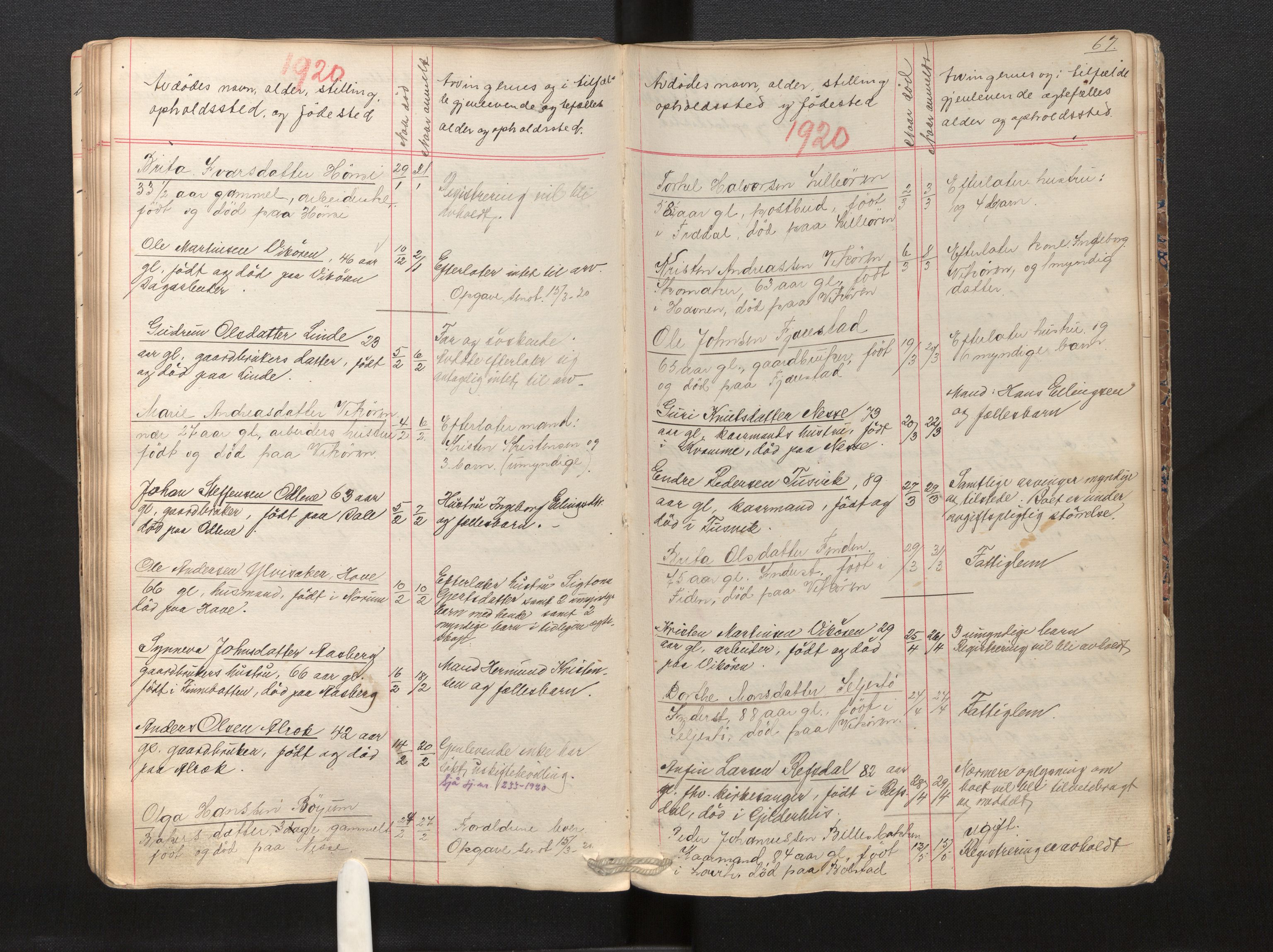Lensmannen i Vik, AV/SAB-A-30301/0006/L0014: Dødsfallprotokoll, 1903-1929, p. 67