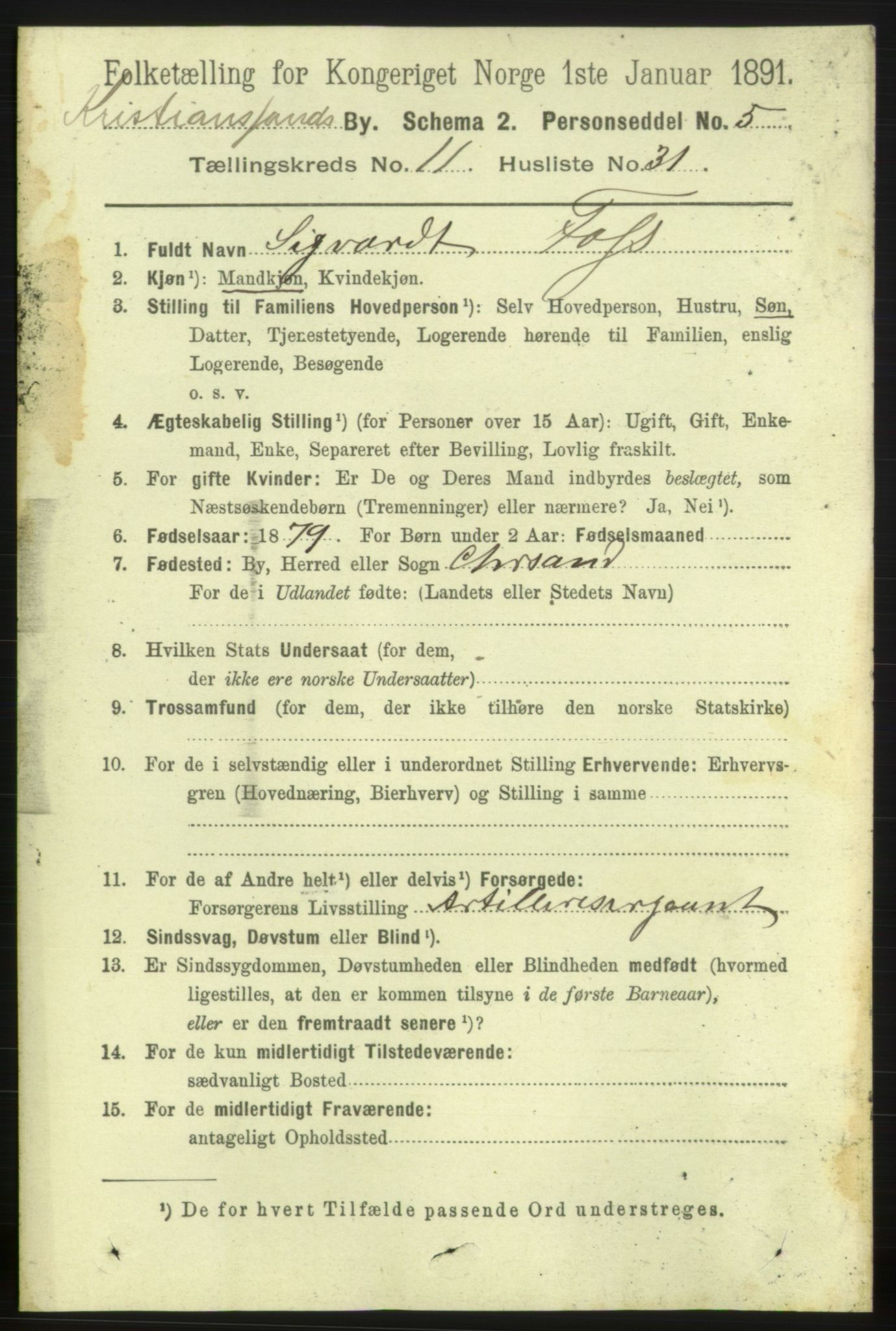 RA, 1891 census for 1001 Kristiansand, 1891, p. 5841