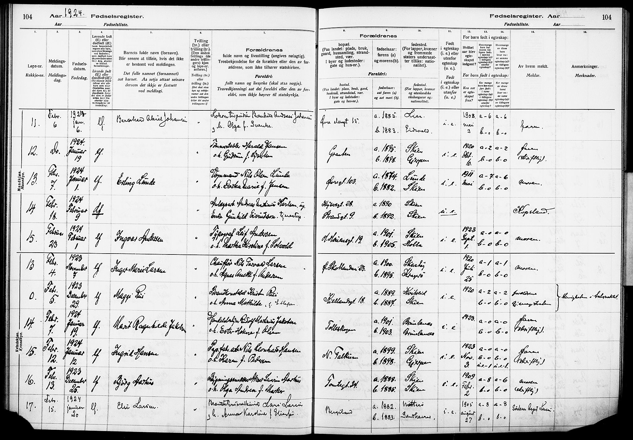 Skien kirkebøker, AV/SAKO-A-302/J/Ja/L0002: Birth register no. 2, 1921-1927, p. 104