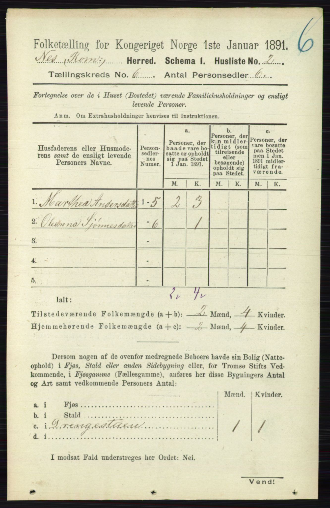 RA, 1891 census for 0236 Nes, 1891, p. 3302