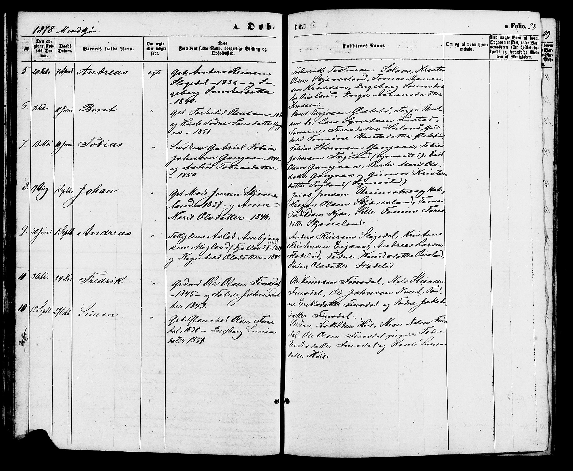 Holum sokneprestkontor, AV/SAK-1111-0022/F/Fa/Fac/L0003: Parish register (official) no. A 3, 1860-1883, p. 28