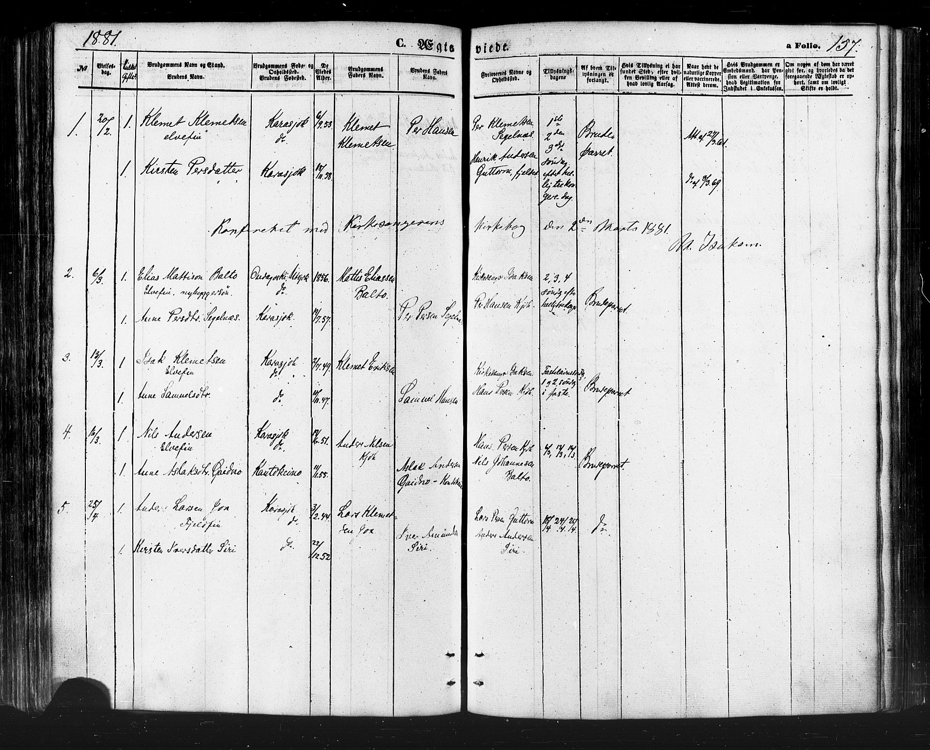 Karasjok sokneprestkontor, SATØ/S-1352/H/Ha/L0001kirke: Parish register (official) no. 1, 1872-1884, p. 157