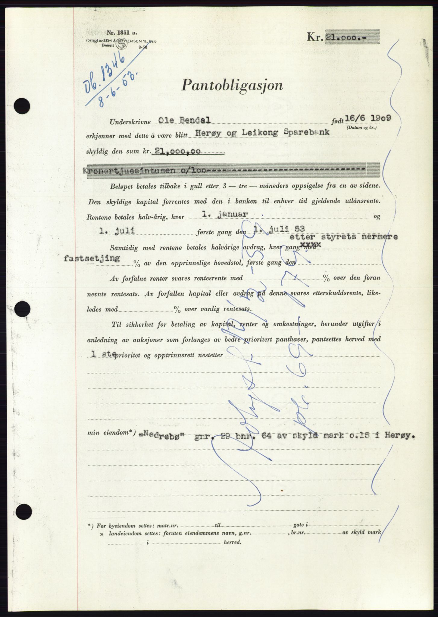 Søre Sunnmøre sorenskriveri, SAT/A-4122/1/2/2C/L0123: Mortgage book no. 11B, 1953-1953, Diary no: : 1346/1953