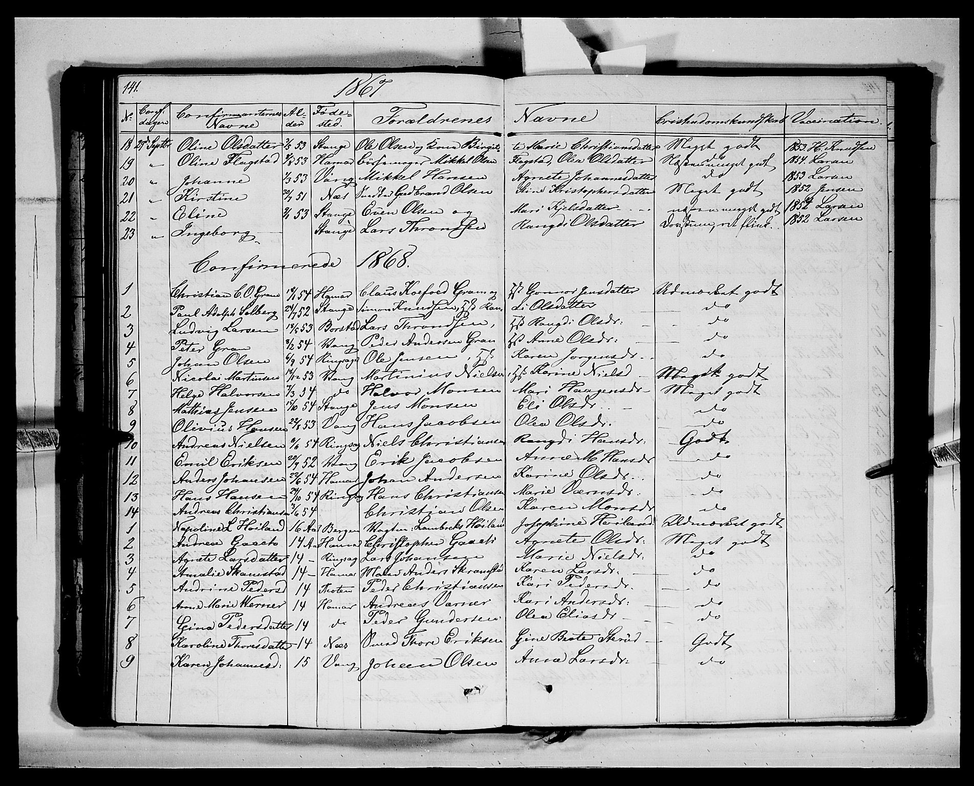 Vang prestekontor, Hedmark, SAH/PREST-008/H/Ha/Hab/L0011: Parish register (copy) no. 11, 1855-1878, p. 141