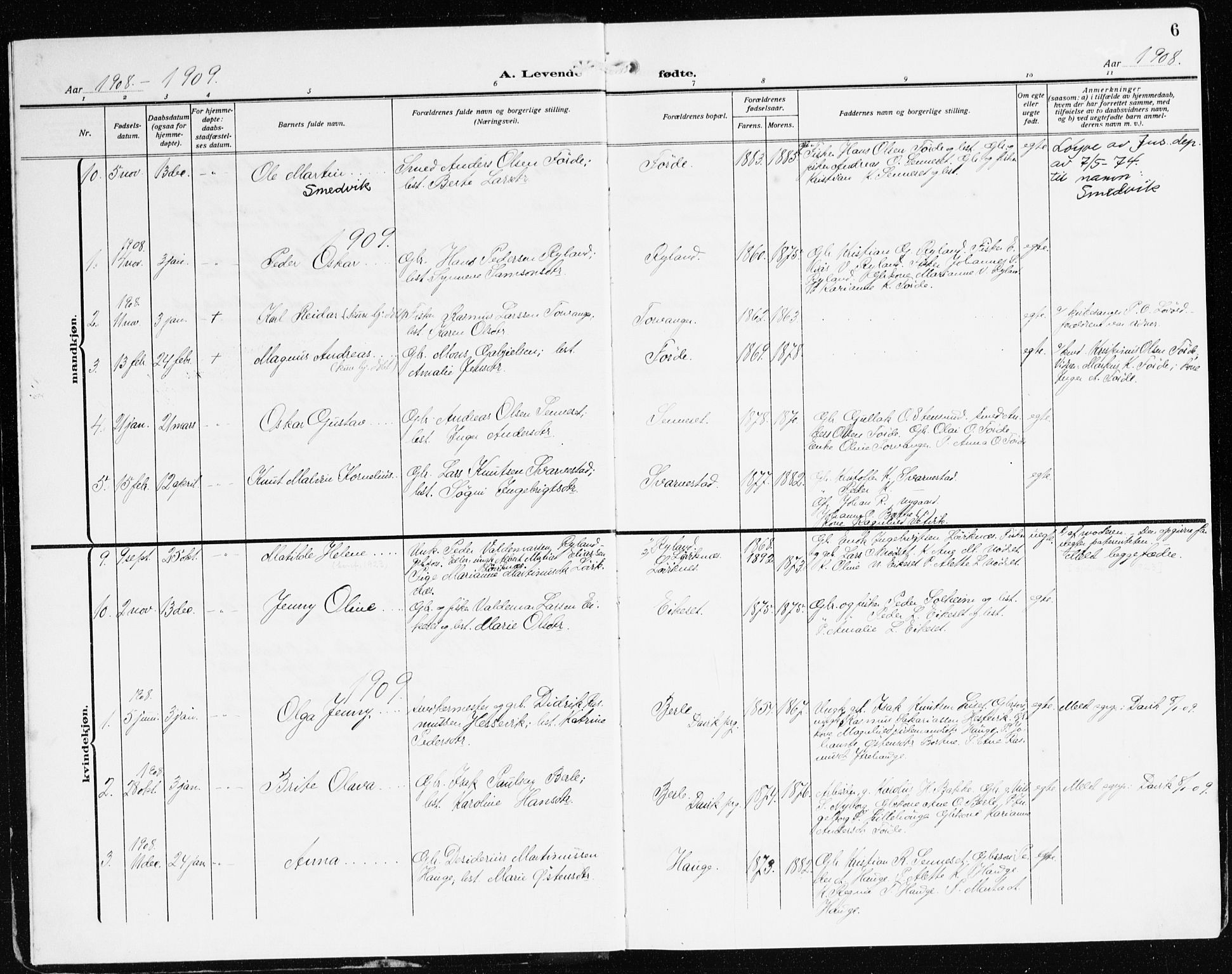 Bremanger sokneprestembete, SAB/A-82201/H/Haa/Haac/L0001: Parish register (official) no. C 1, 1908-1921, p. 6