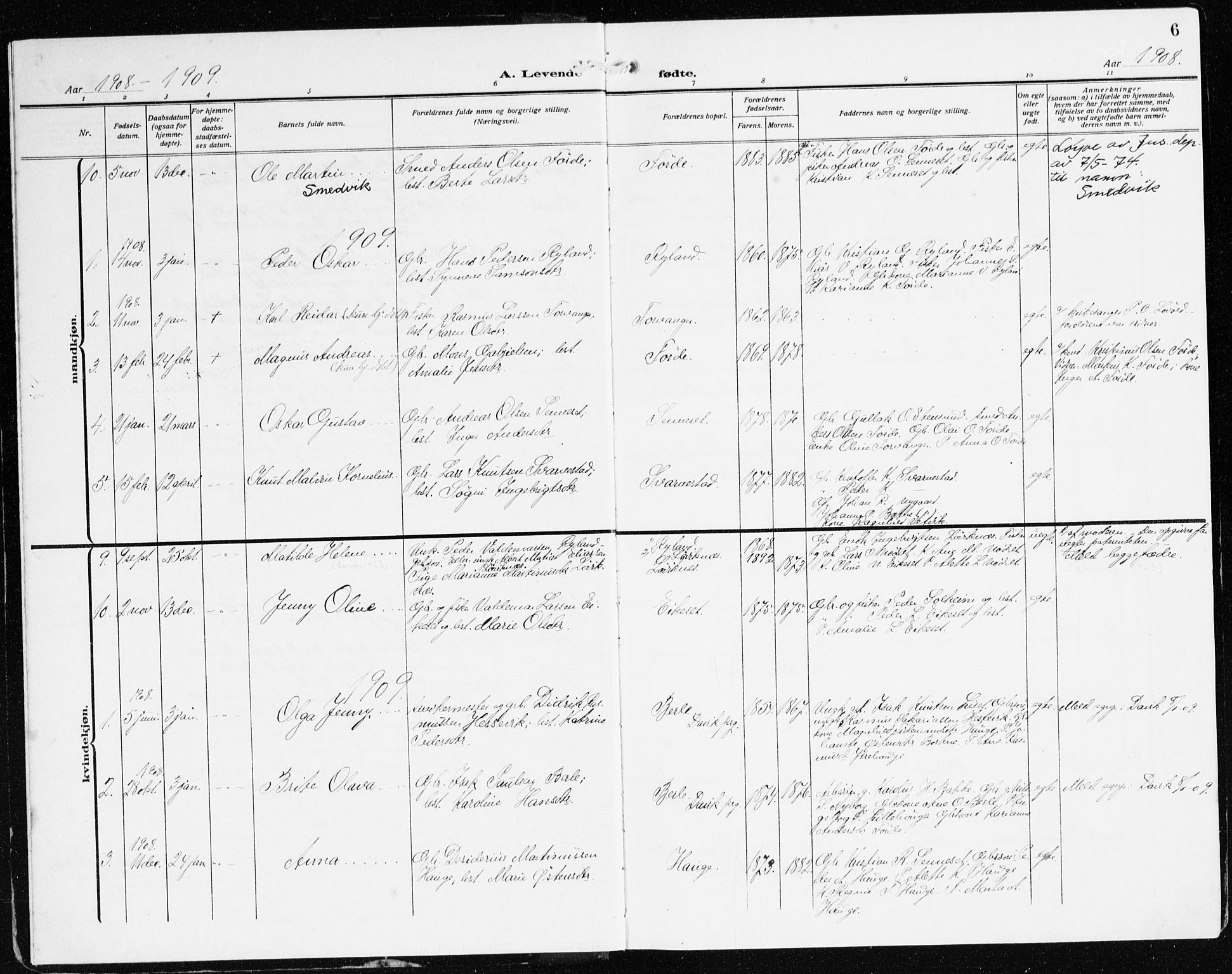 Bremanger sokneprestembete, AV/SAB-A-82201/H/Haa/Haac/L0001: Parish register (official) no. C 1, 1908-1921, p. 6