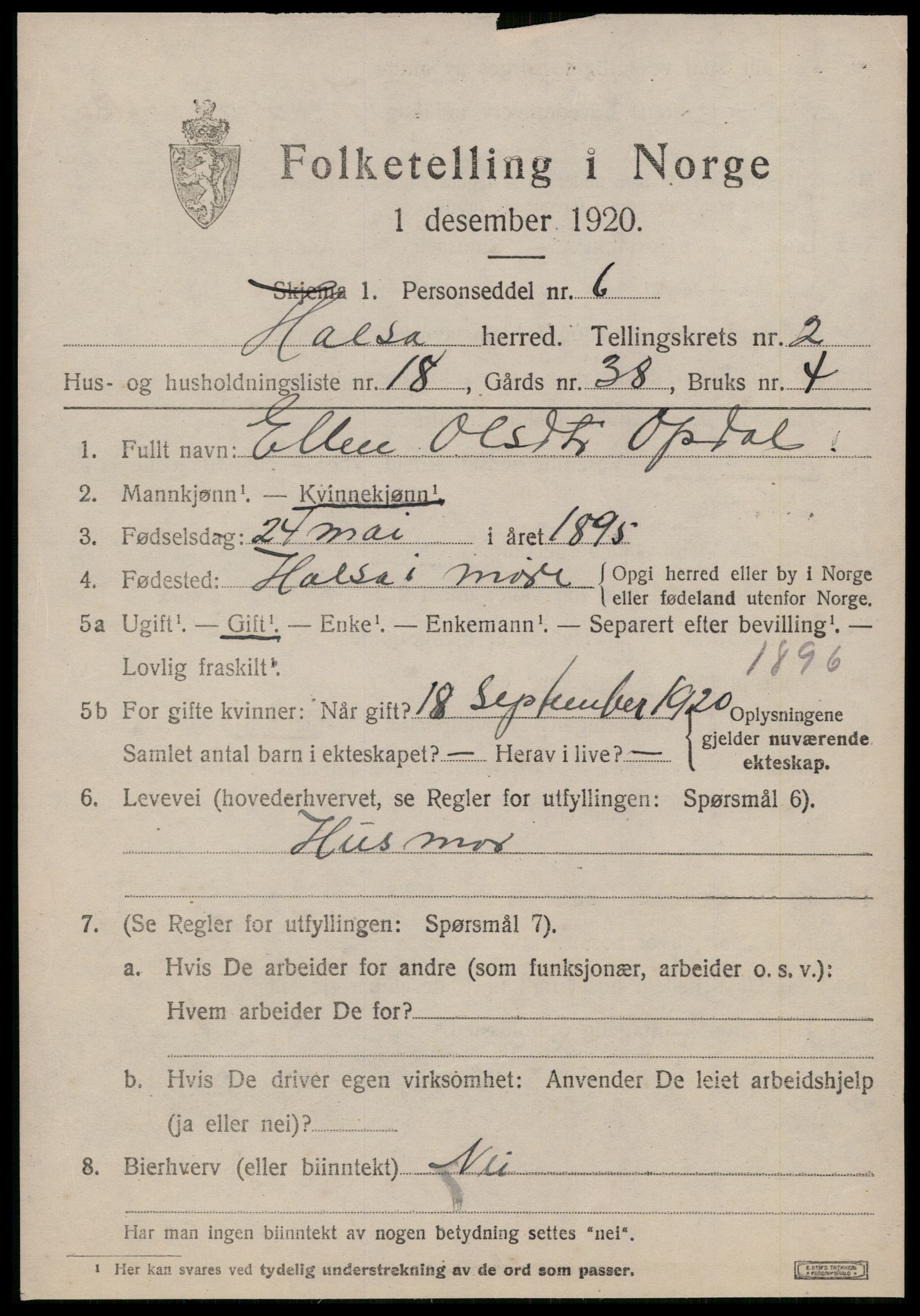 SAT, 1920 census for Halsa, 1920, p. 1100