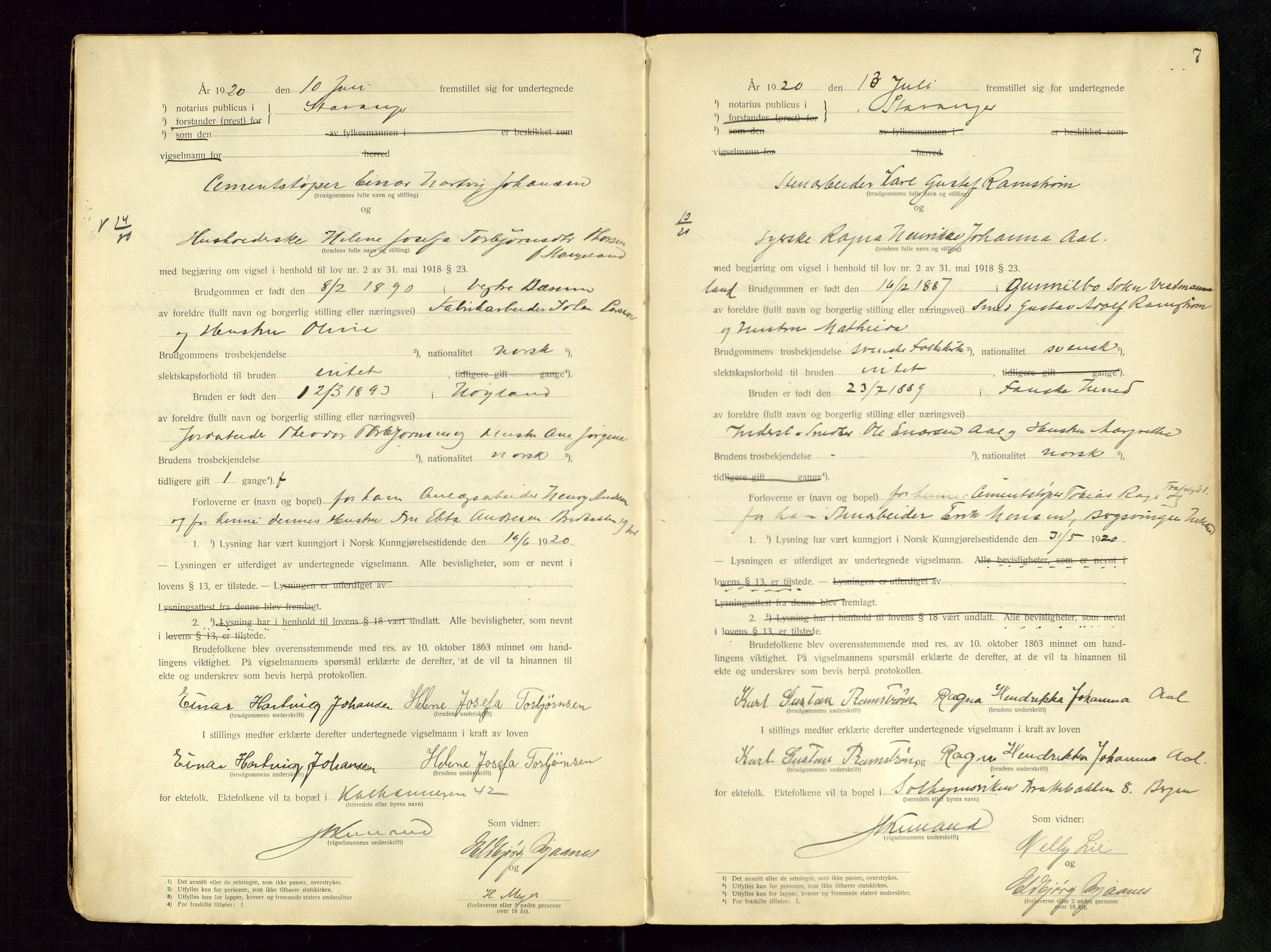 Stavanger byfogd, AV/SAST-A-101408/001/6/62/62BB/L0001: Vigselsprotokoll, 1920-1926, p. 7