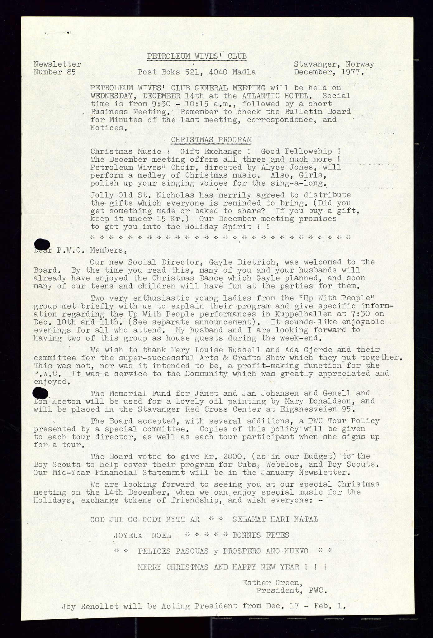 PA 1547 - Petroleum Wives Club, AV/SAST-A-101974/X/Xa/L0001: Newsletters (1971-1978)/radiointervjuer på kasett (1989-1992), 1970-1978