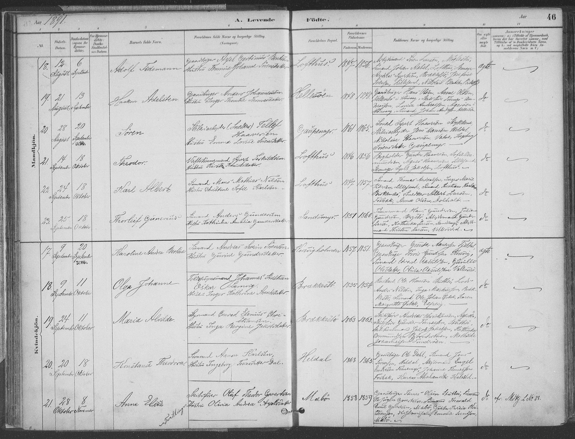 Vestre Moland sokneprestkontor, AV/SAK-1111-0046/F/Fa/Fab/L0009: Parish register (official) no. A 9, 1884-1899, p. 46