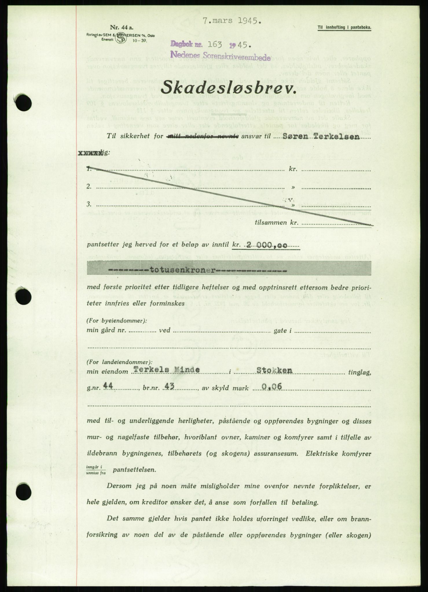 Nedenes sorenskriveri, AV/SAK-1221-0006/G/Gb/Gbb/L0002: Mortgage book no. II, 1942-1945, Diary no: : 163/1945