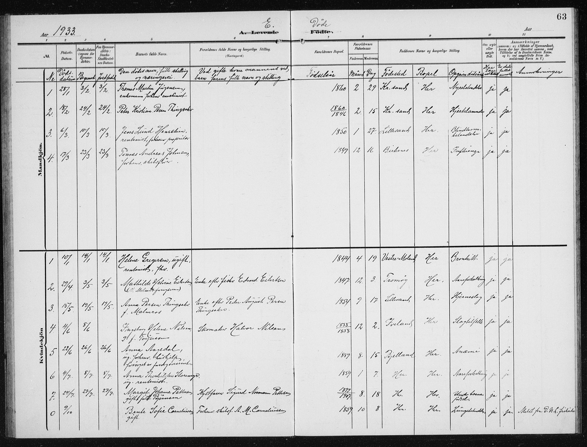 Vestre Moland sokneprestkontor, AV/SAK-1111-0046/F/Fb/Fba/L0002: Parish register (copy) no. B 2, 1904-1934, p. 63