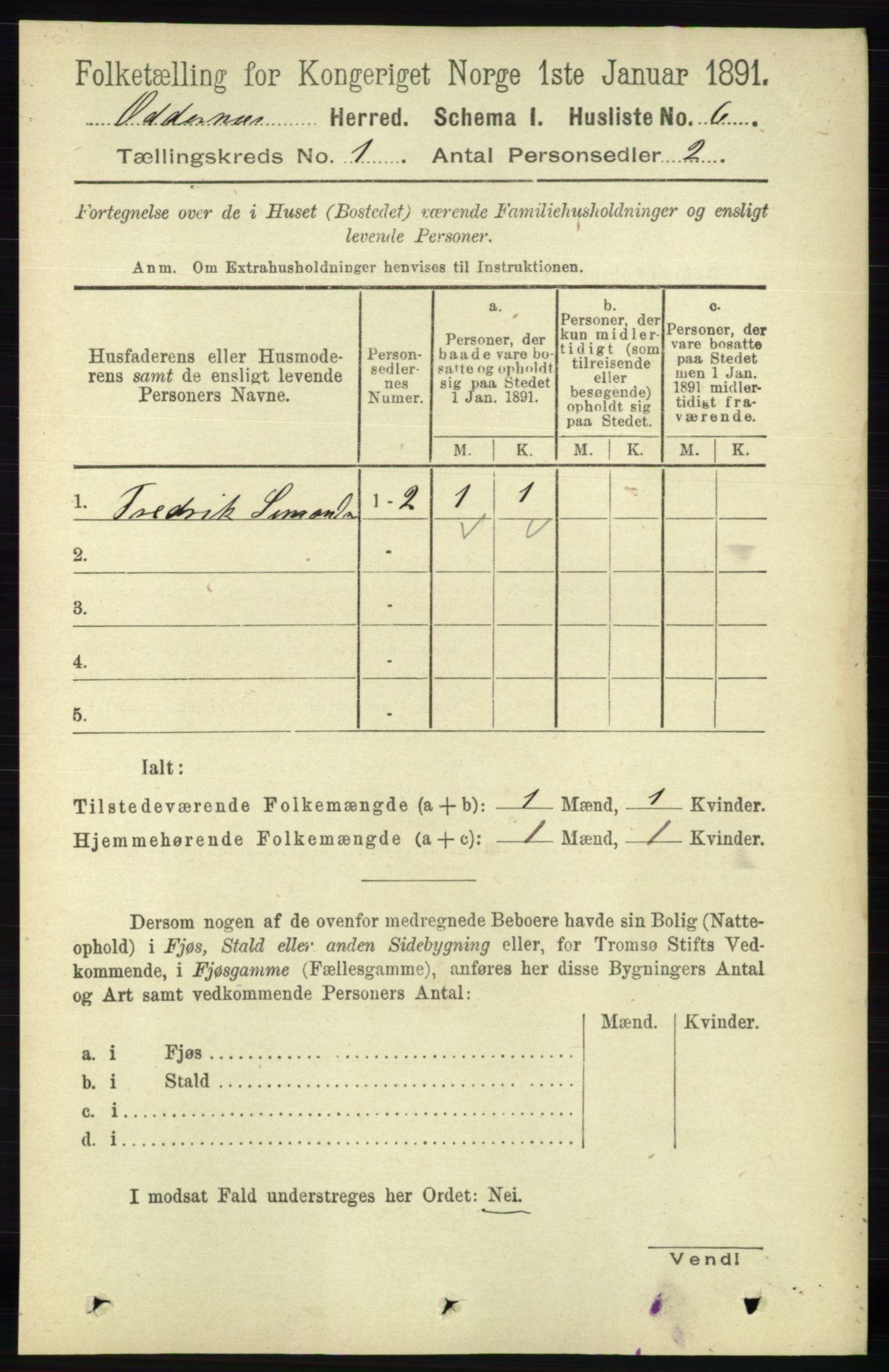 RA, 1891 census for 1012 Oddernes, 1891, p. 43