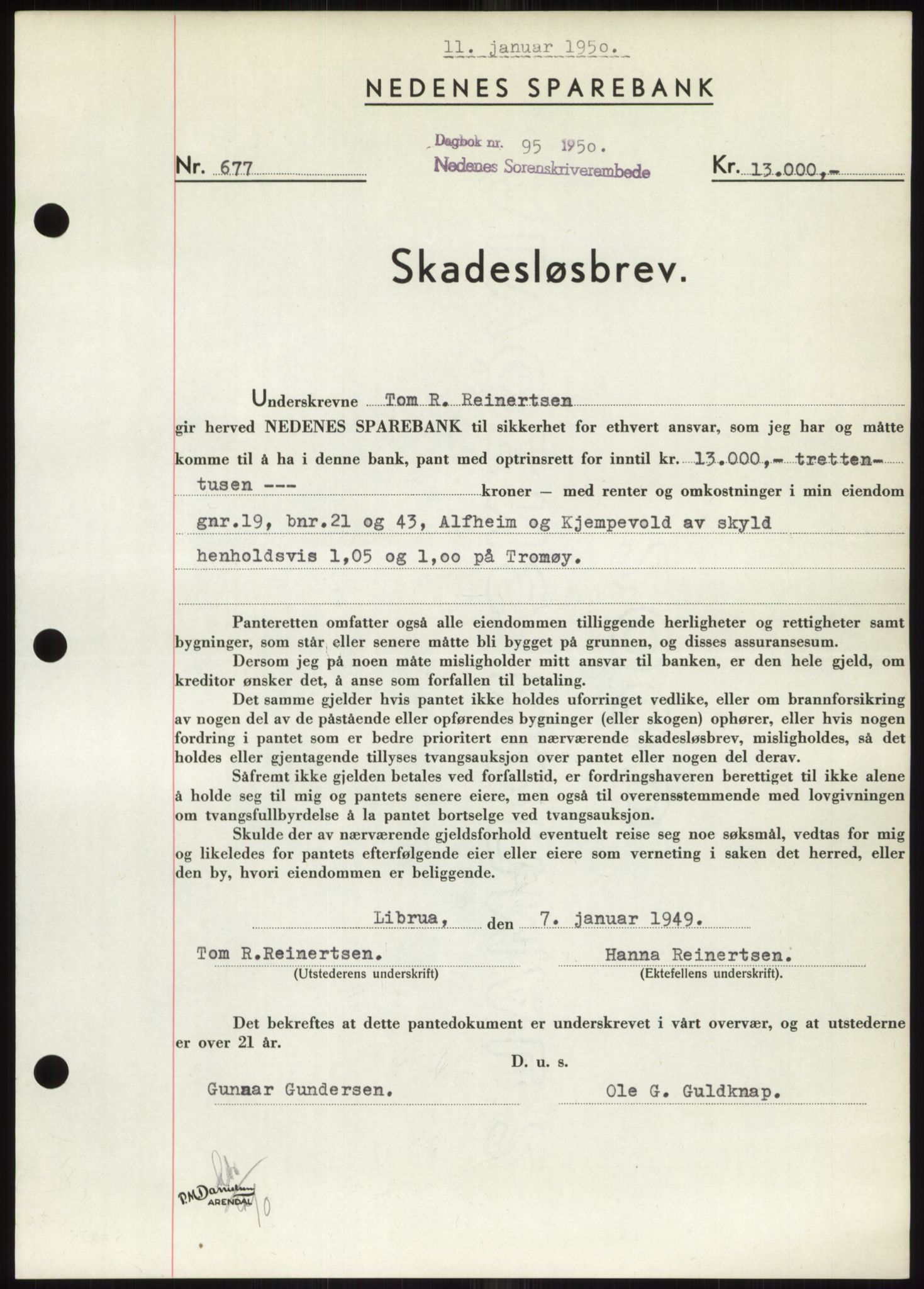 Nedenes sorenskriveri, AV/SAK-1221-0006/G/Gb/Gbb/L0007: Mortgage book no. B7, 1949-1950, Diary no: : 95/1950