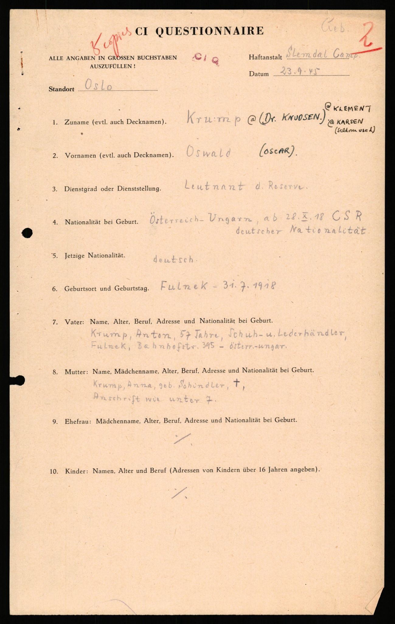 Forsvaret, Forsvarets overkommando II, AV/RA-RAFA-3915/D/Db/L0041: CI Questionaires.  Diverse nasjonaliteter., 1945-1946, p. 238