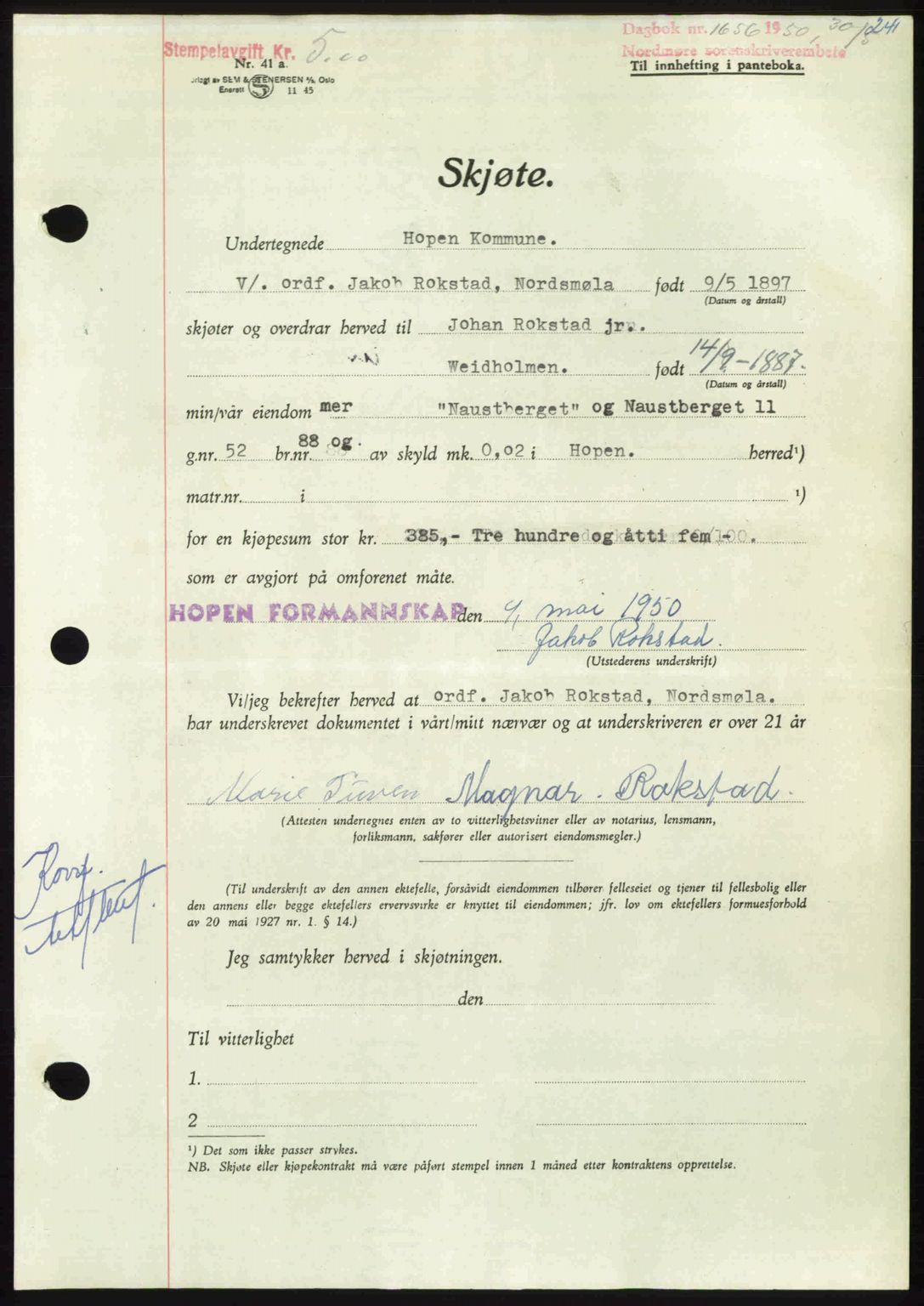 Nordmøre sorenskriveri, AV/SAT-A-4132/1/2/2Ca: Mortgage book no. A115, 1950-1950, Diary no: : 1656/1950