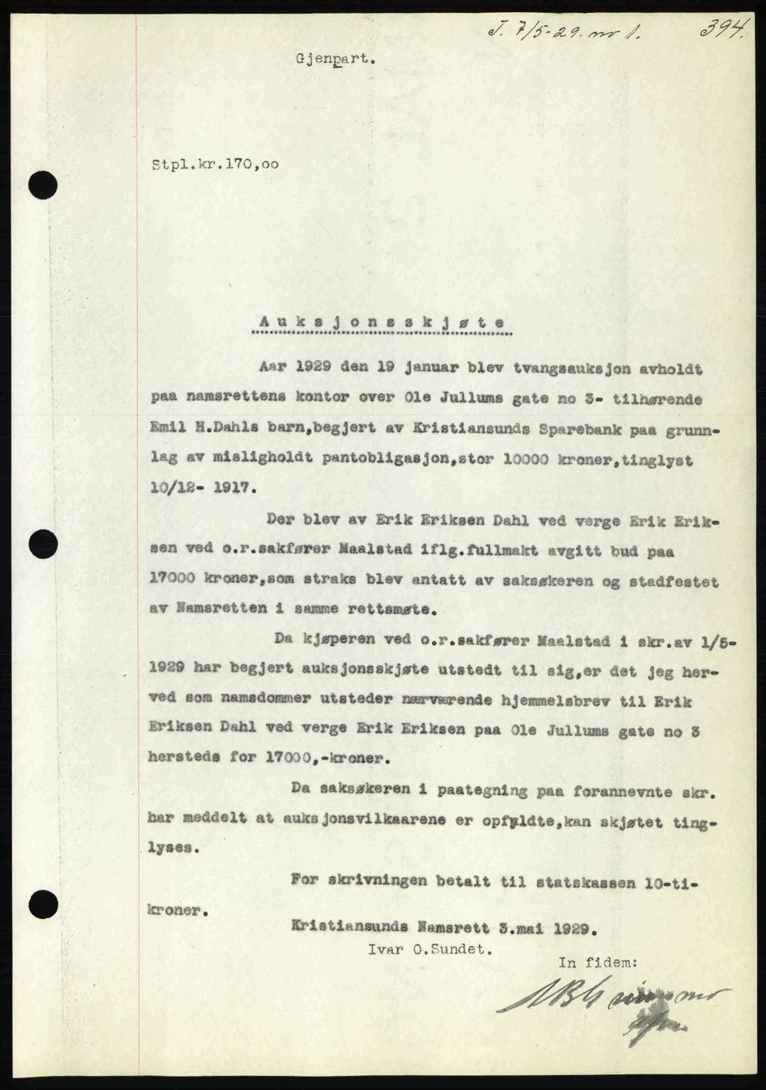 Kristiansund byfogd, AV/SAT-A-4587/A/27: Mortgage book no. 22, 1928-1929, Deed date: 07.05.1929