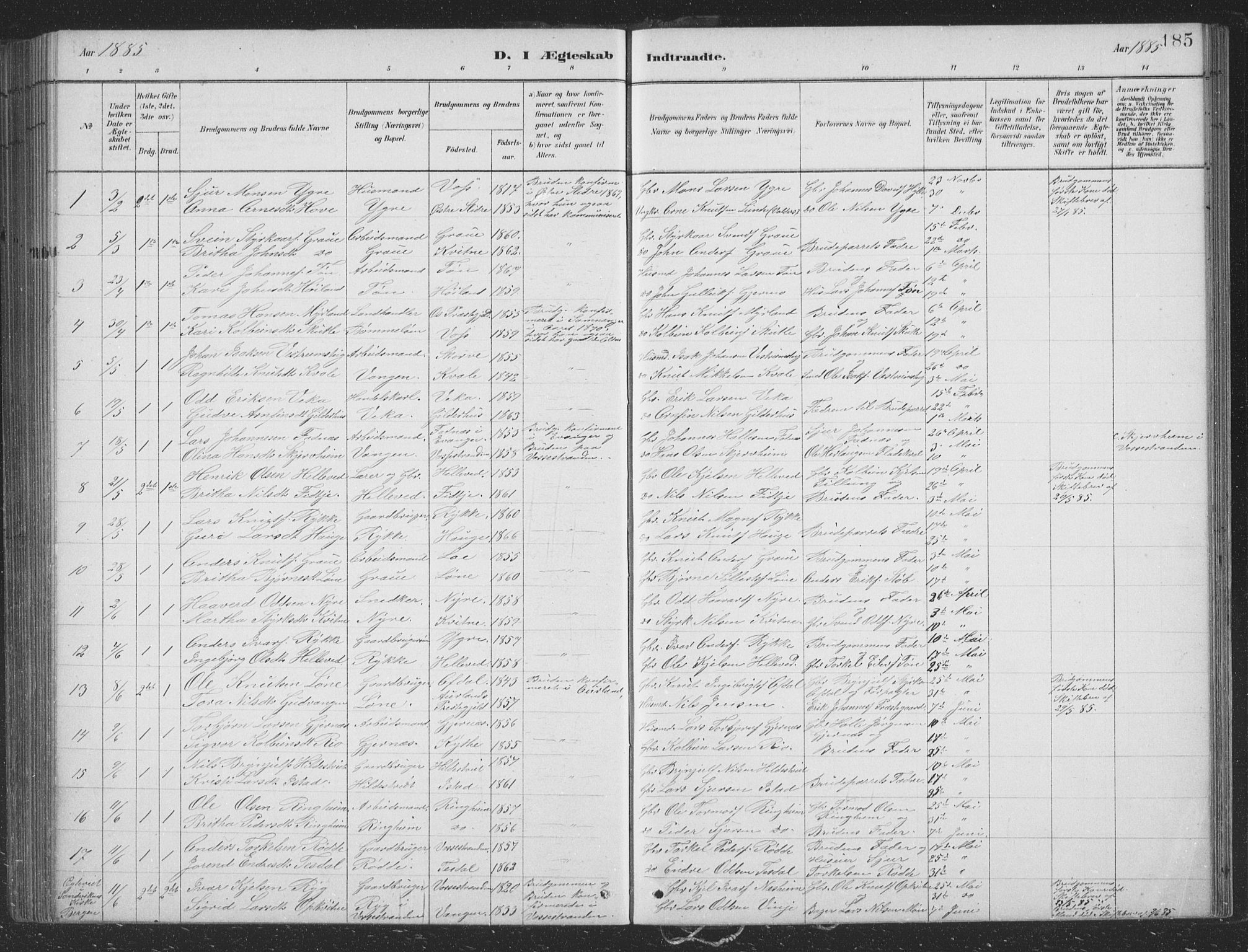 Voss sokneprestembete, SAB/A-79001/H/Hab: Parish register (copy) no. B 3, 1879-1894, p. 185