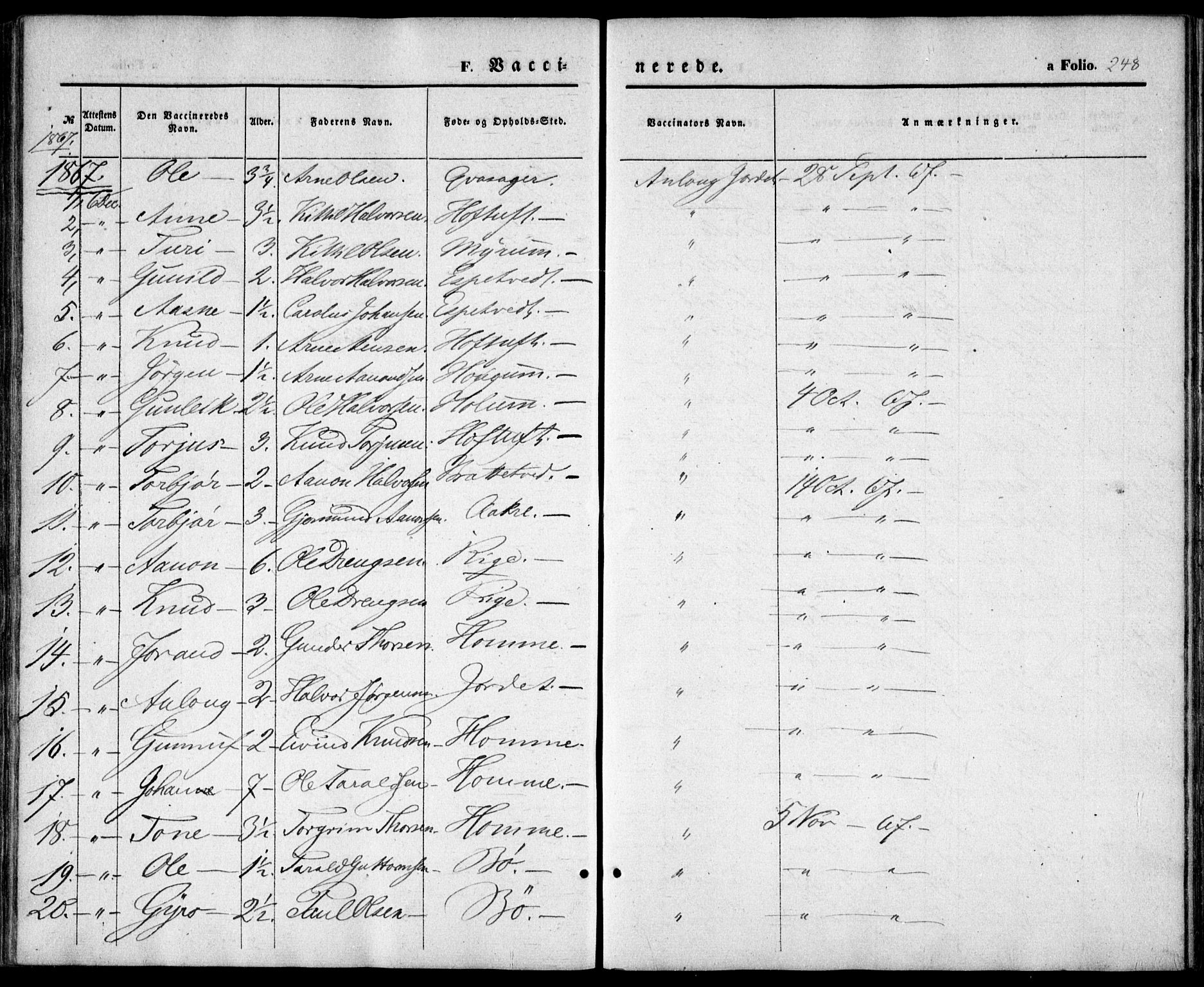 Valle sokneprestkontor, SAK/1111-0044/F/Fa/Fac/L0007: Parish register (official) no. A 7, 1854-1868, p. 248