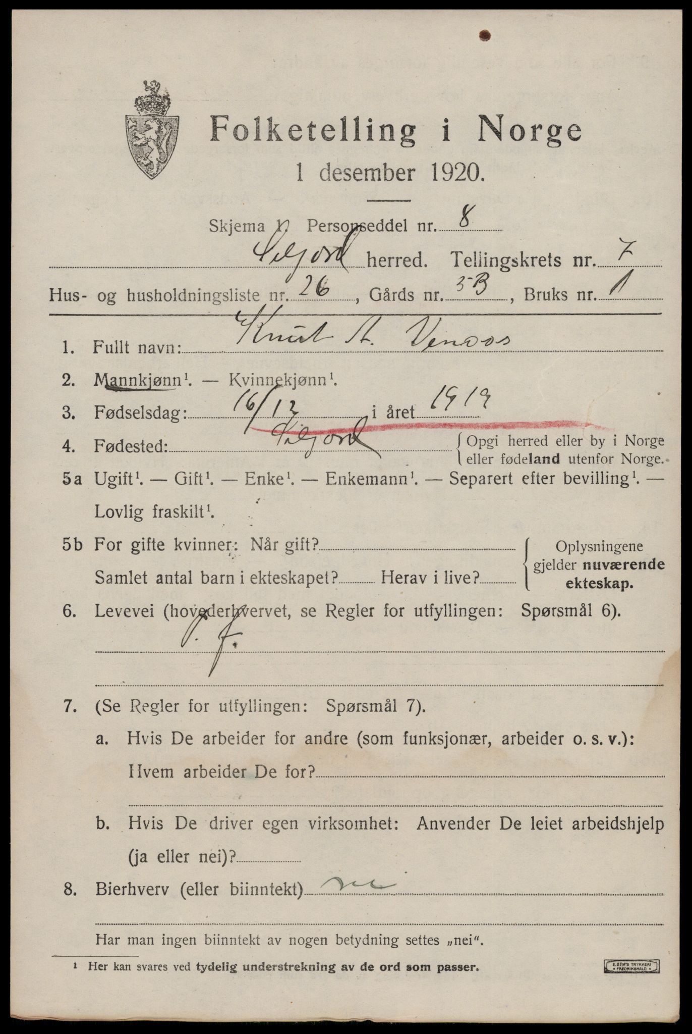 SAKO, 1920 census for Seljord, 1920, p. 3892